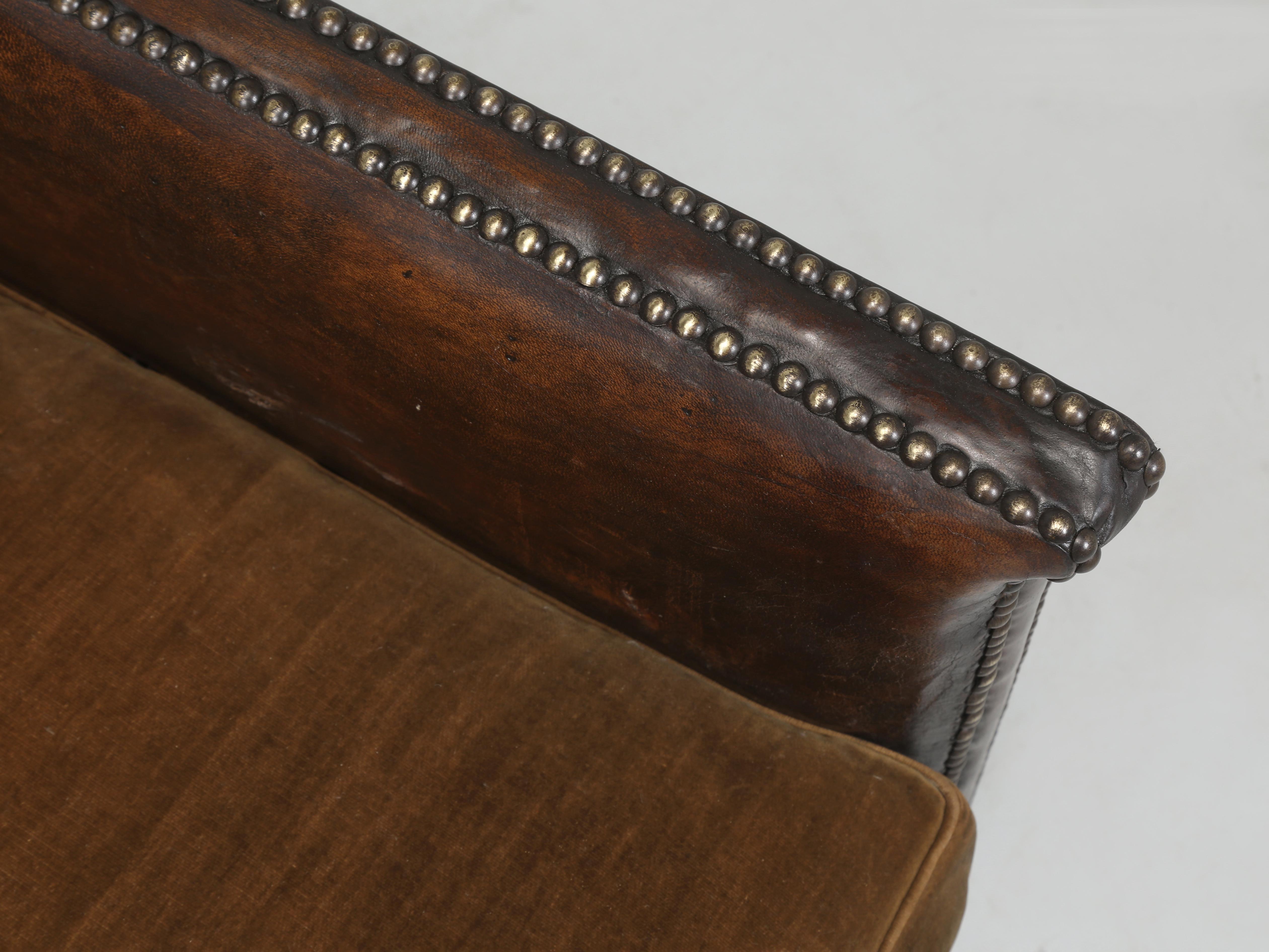 French Leather Club Chairs 1920's Original Velvet Cushions Restored Internally For Sale 4