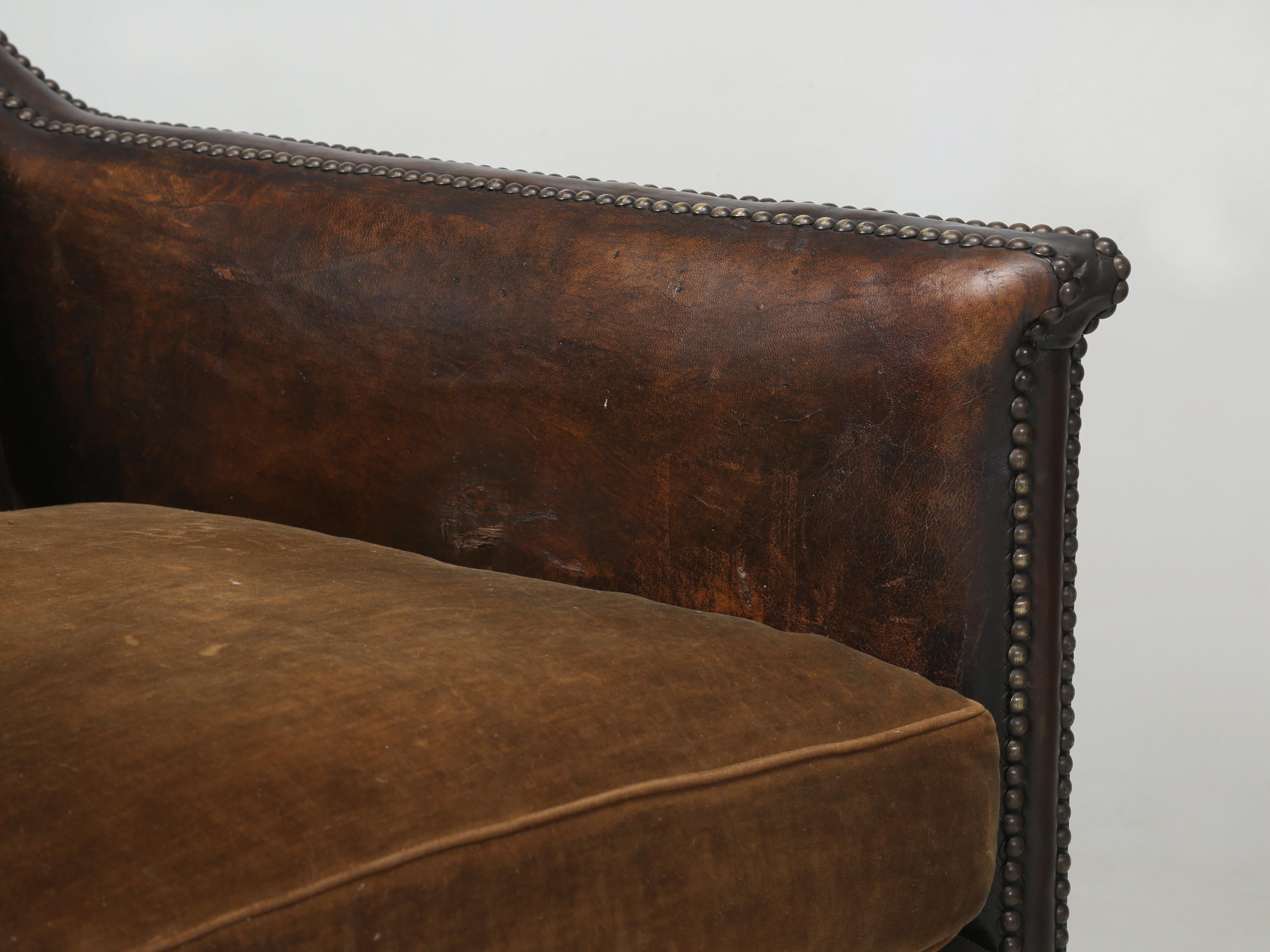 French Leather Club Chairs 1920's Original Velvet Cushions Restored Internally For Sale 5