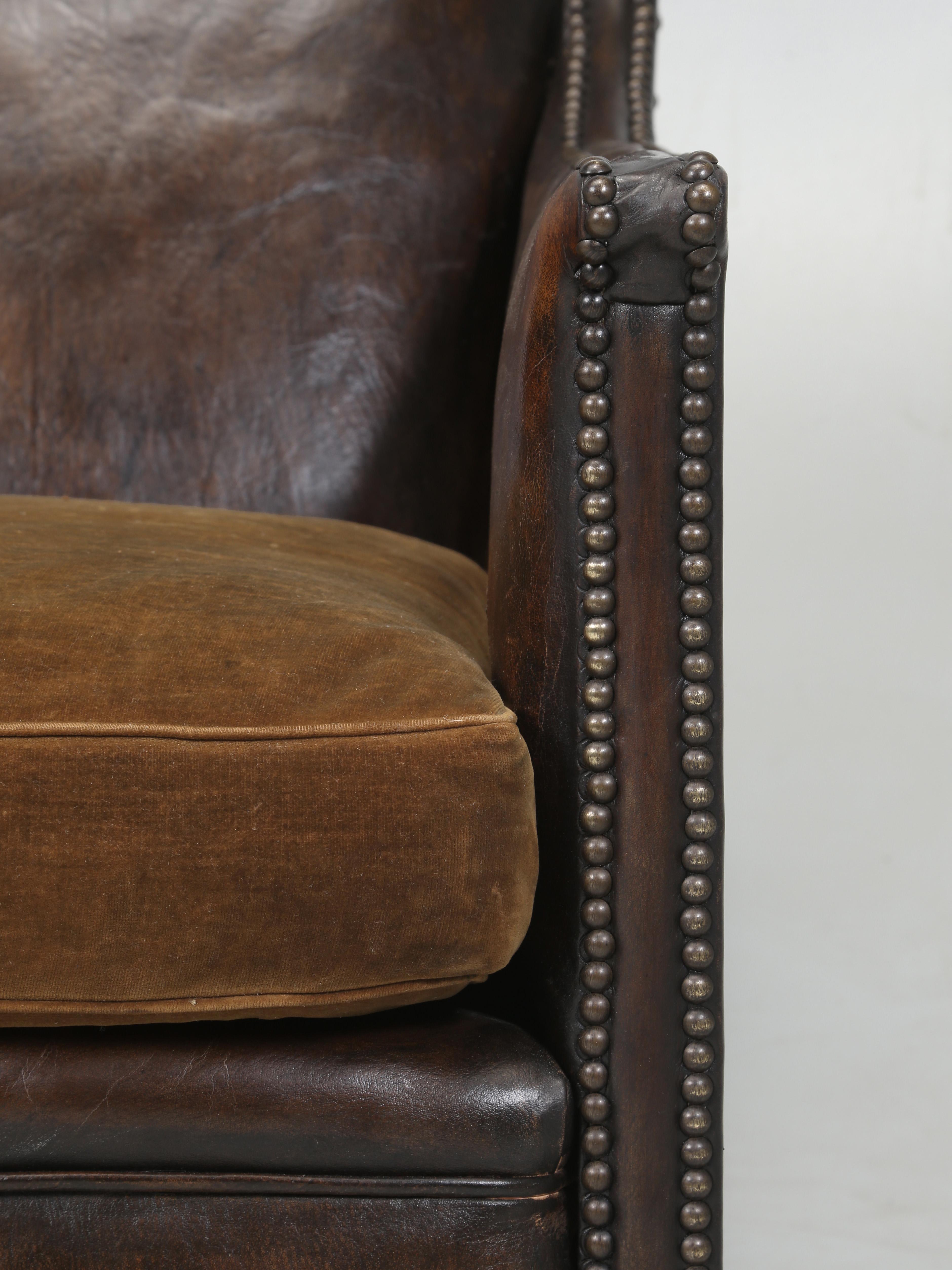 French Leather Club Chairs 1920's Original Velvet Cushions Restored Internally For Sale 6