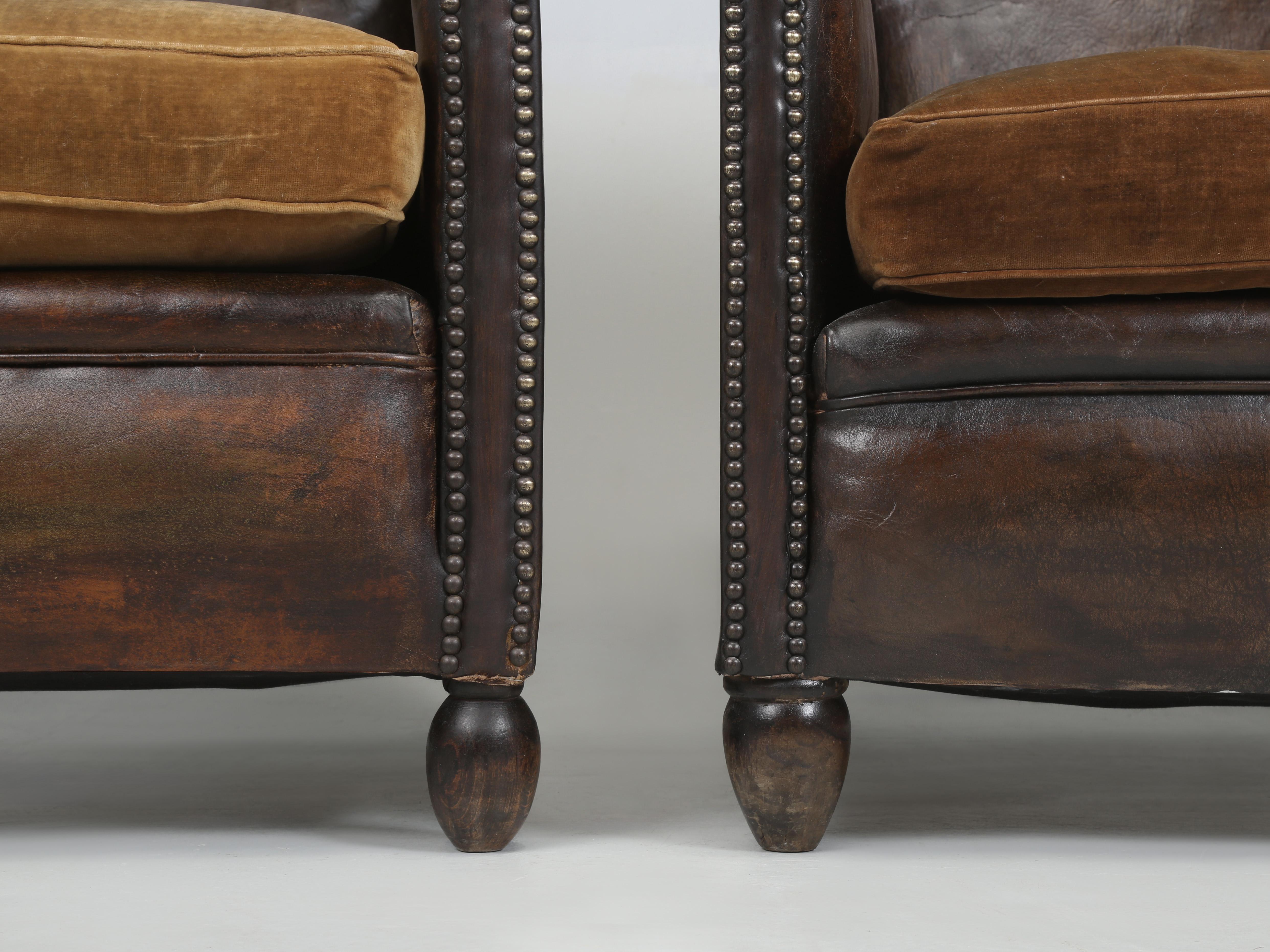 French Leather Club Chairs 1920's Original Velvet Cushions Restored Internally For Sale 7
