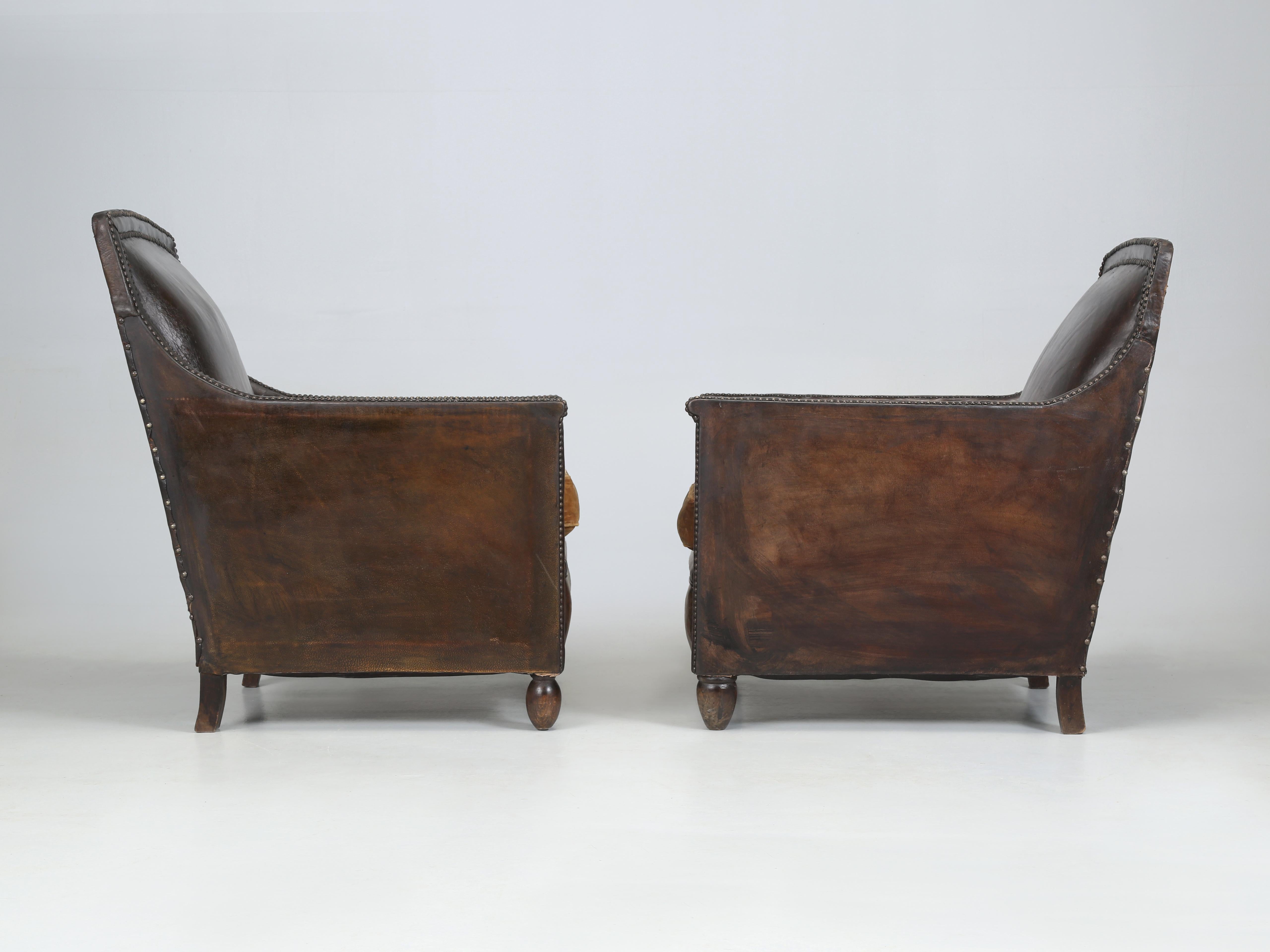 French Leather Club Chairs 1920's Original Velvet Cushions Restored Internally For Sale 8