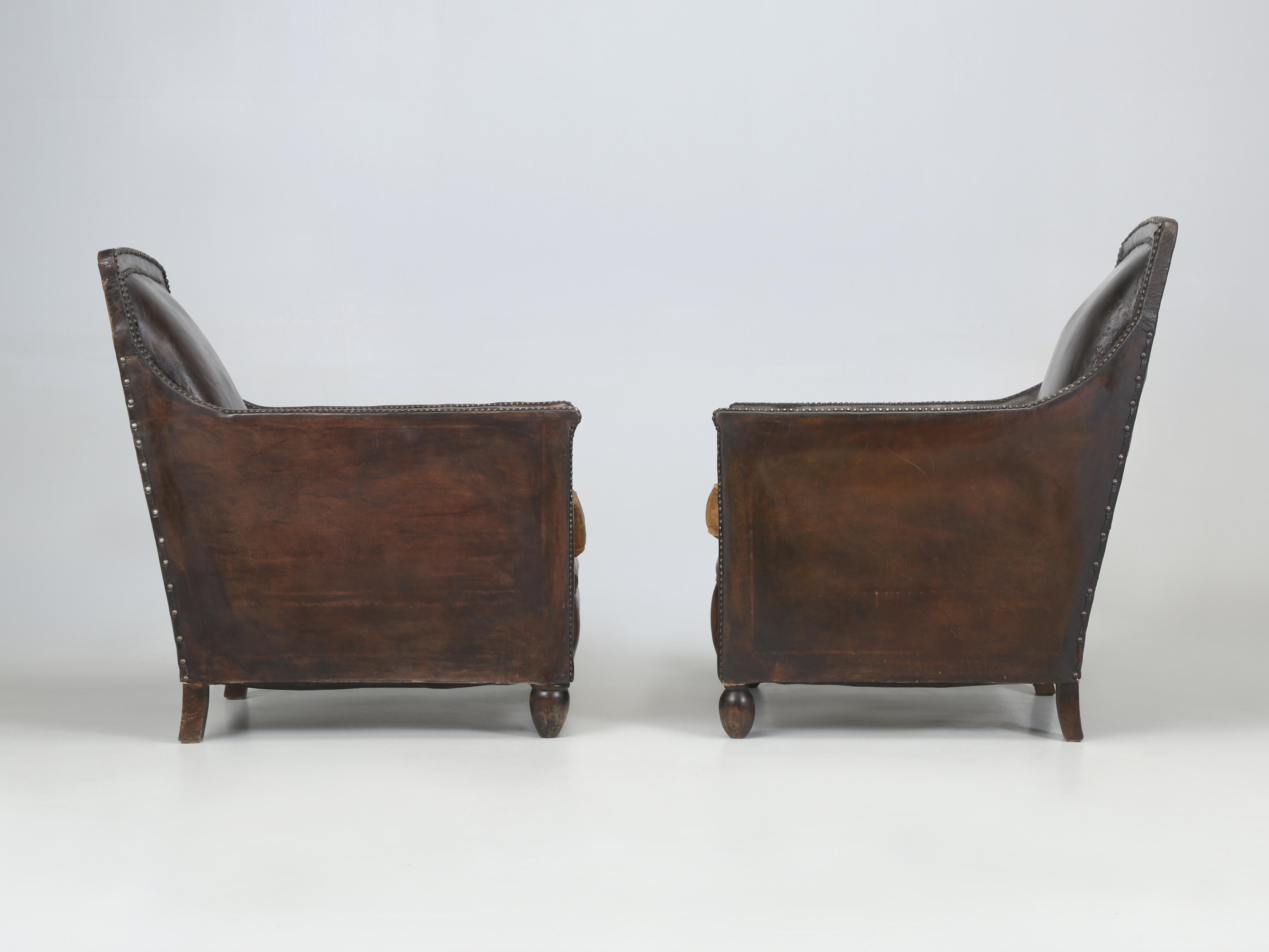 French Leather Club Chairs 1920's Original Velvet Cushions Restored Internally For Sale 9