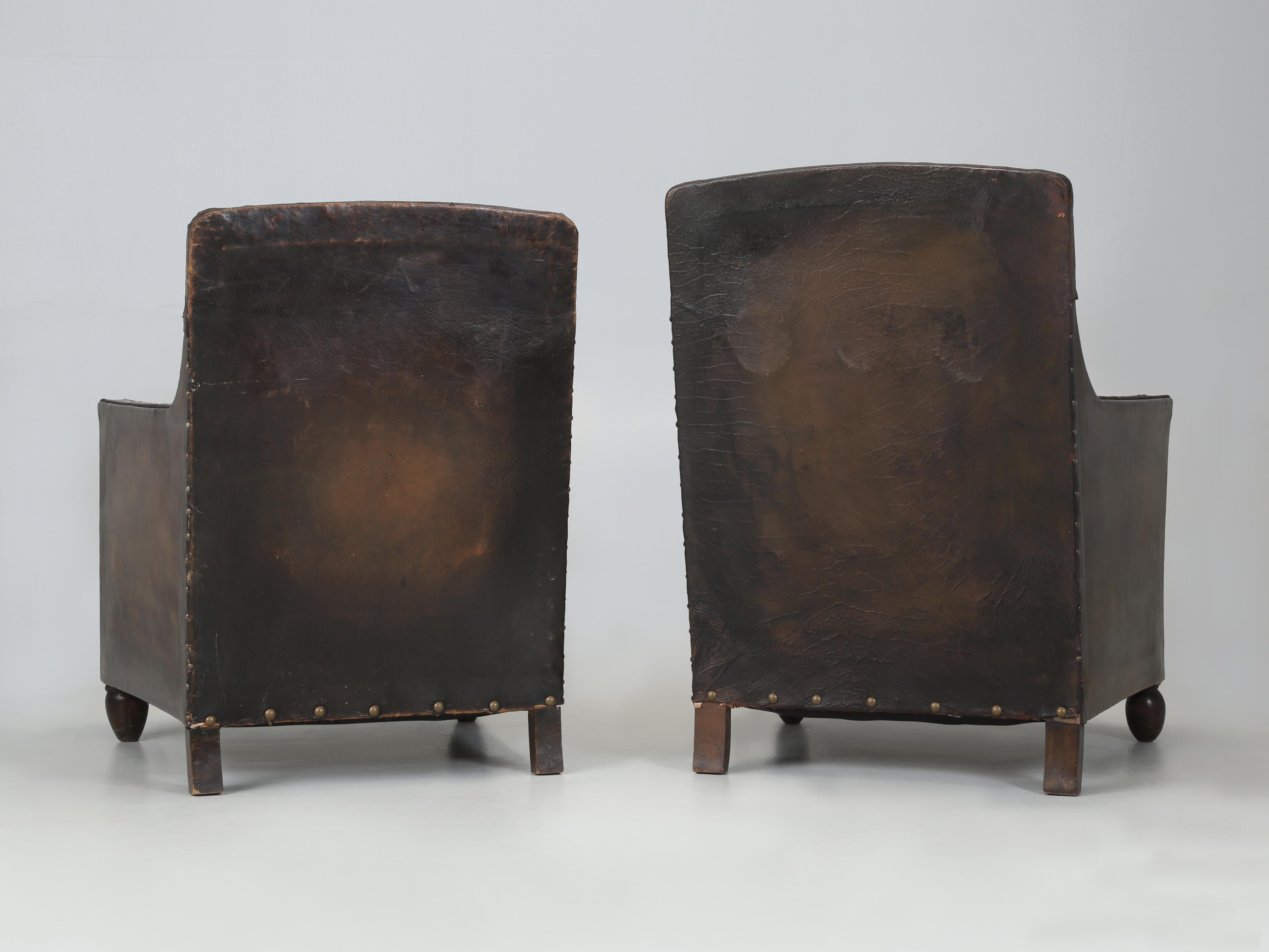 French Leather Club Chairs 1920's Original Velvet Cushions Restored Internally For Sale 10