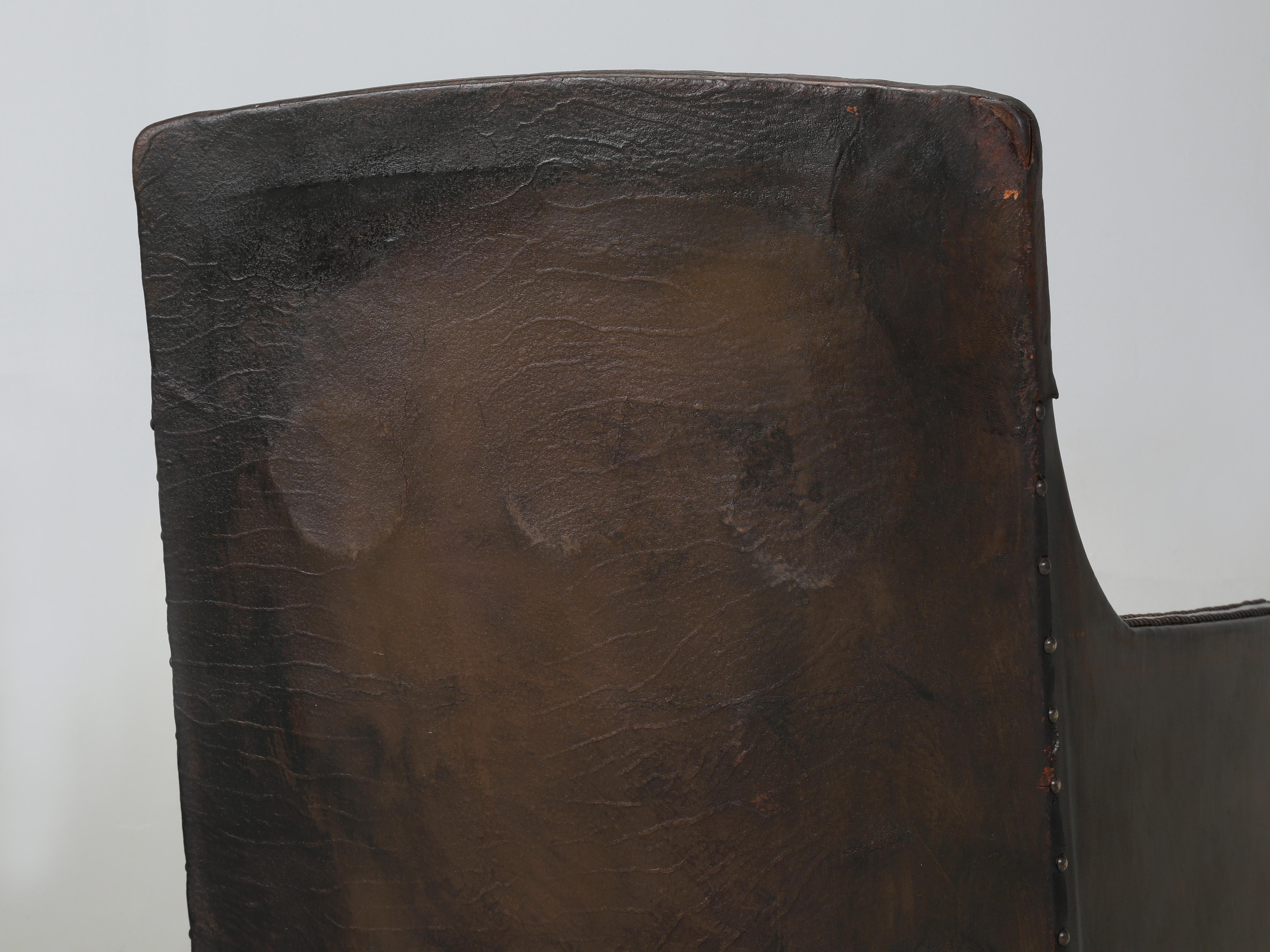 French Leather Club Chairs 1920's Original Velvet Cushions Restored Internally For Sale 12