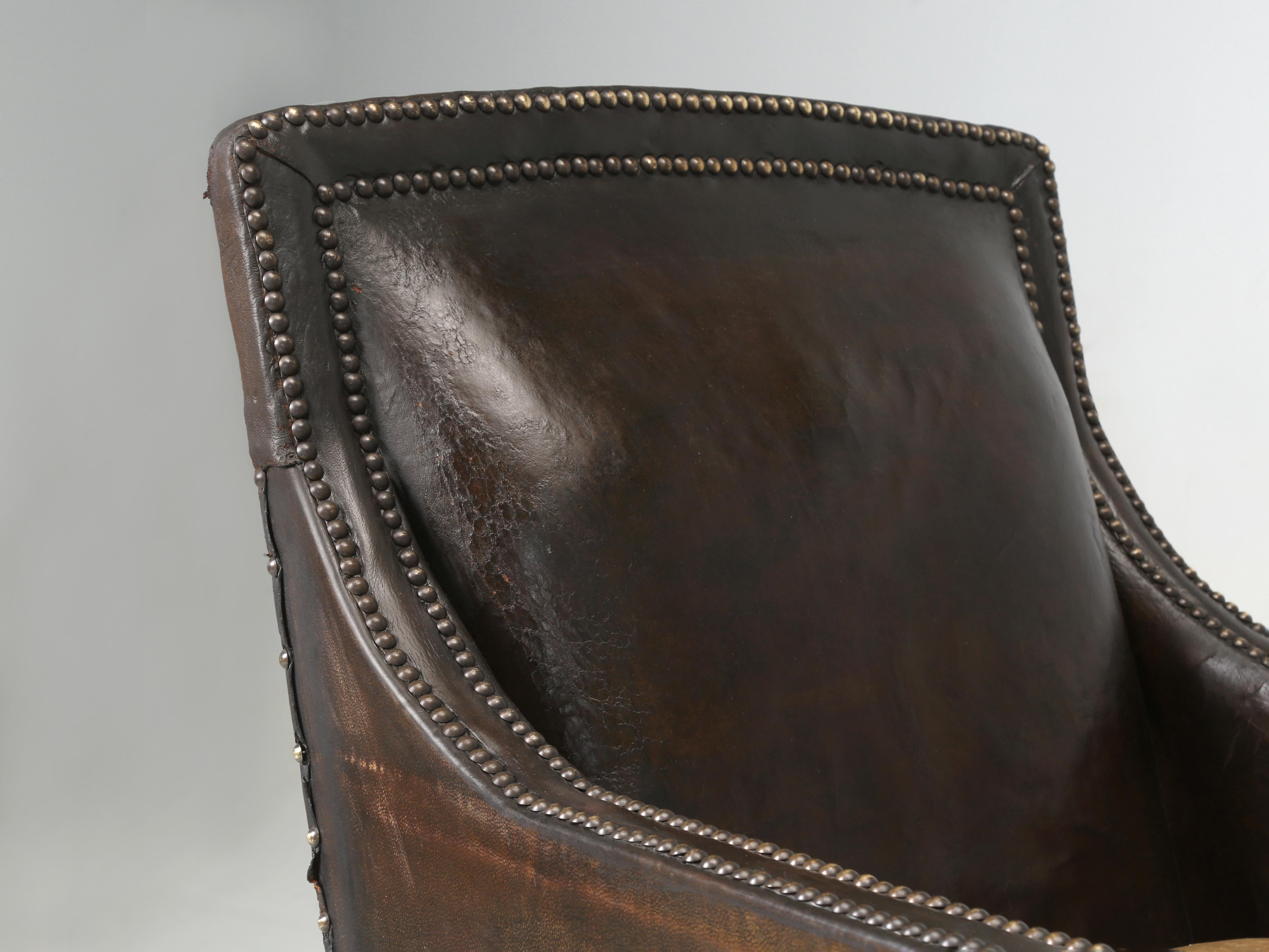 Art Deco French Leather Club Chairs 1920's Original Velvet Cushions Restored Internally For Sale