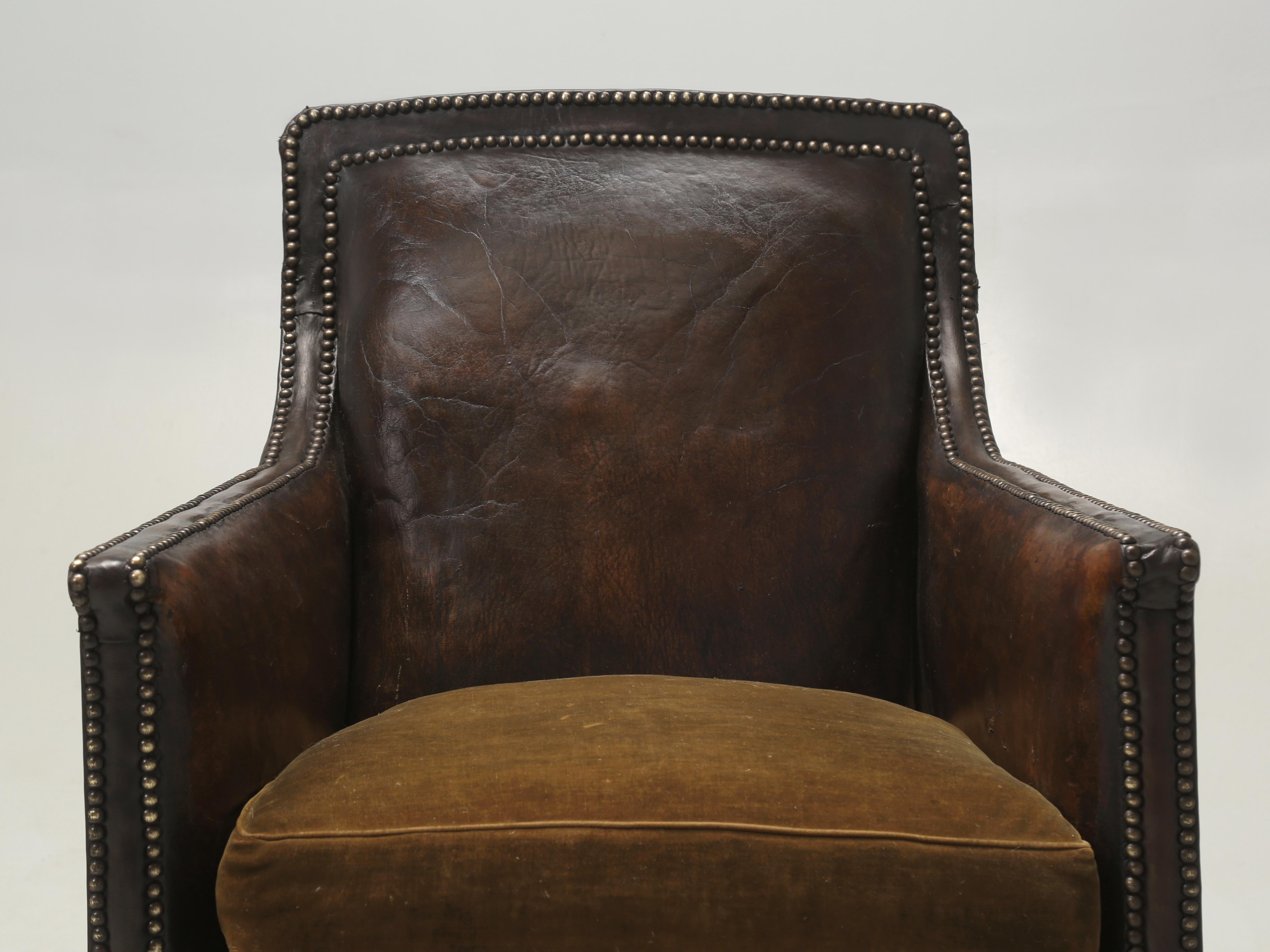 Hand-Crafted French Leather Club Chairs 1920's Original Velvet Cushions Restored Internally For Sale