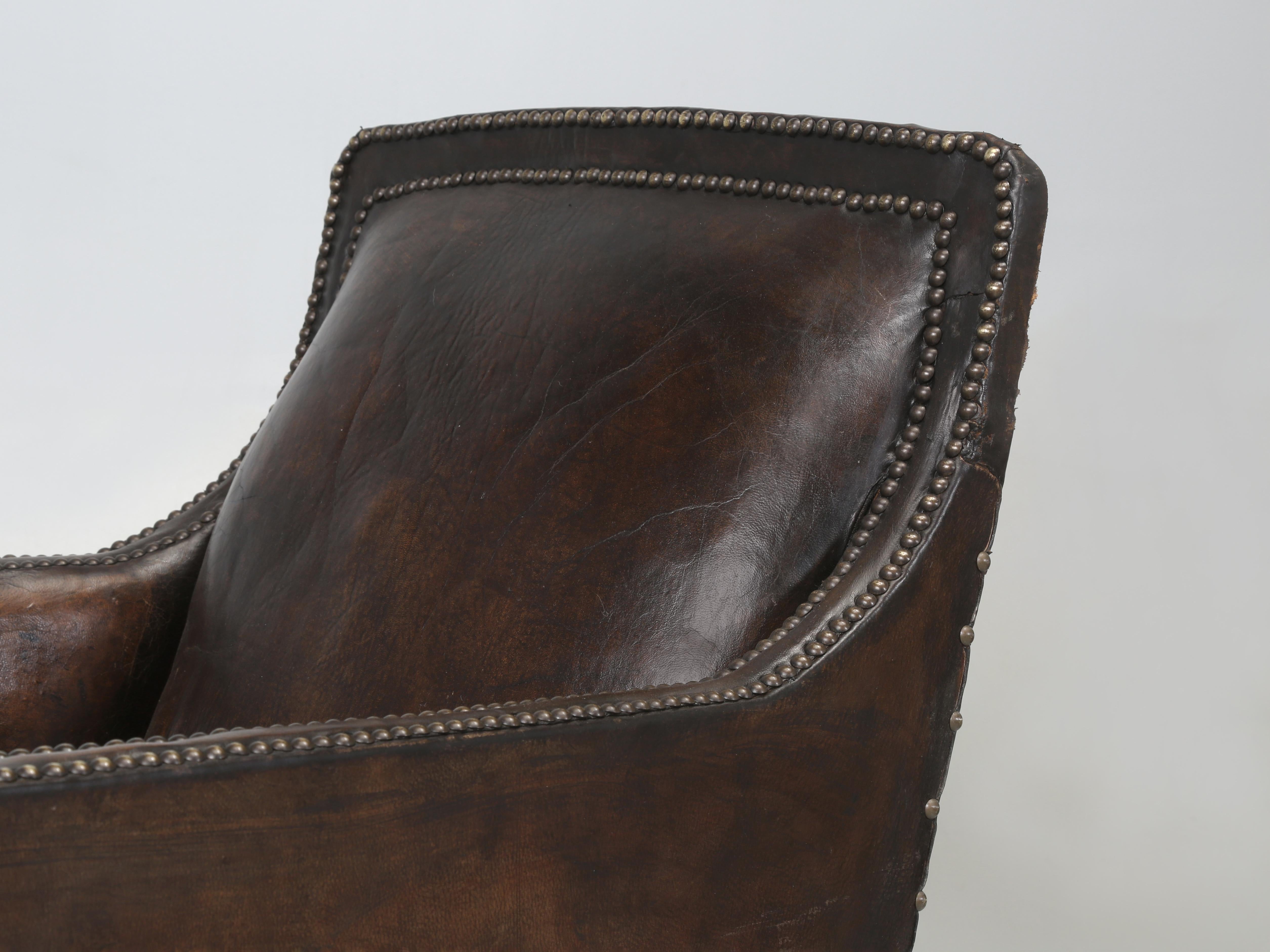 French Leather Club Chairs 1920's Original Velvet Cushions Restored Internally In Good Condition For Sale In Chicago, IL