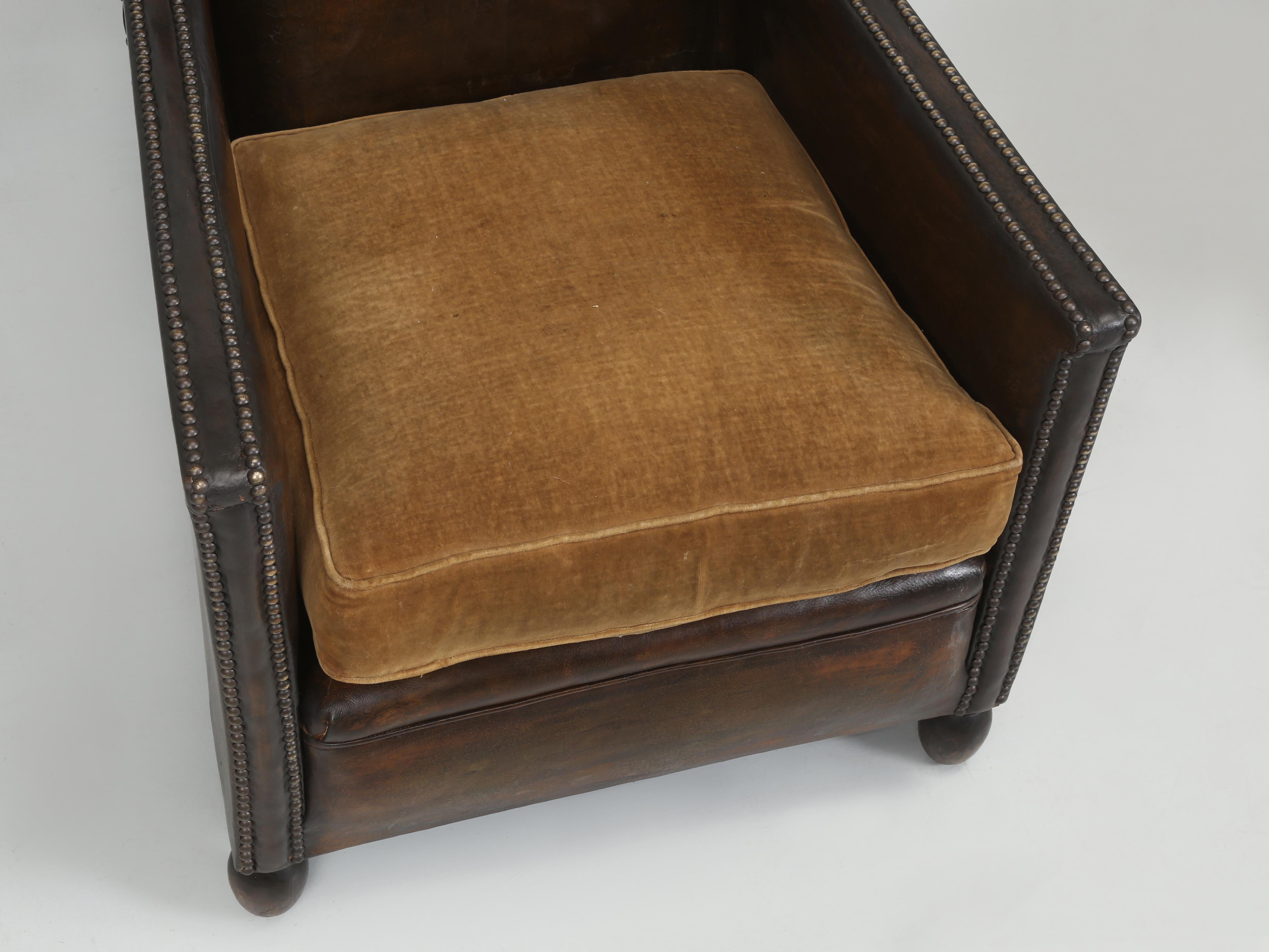Early 20th Century French Leather Club Chairs 1920's Original Velvet Cushions Restored Internally For Sale