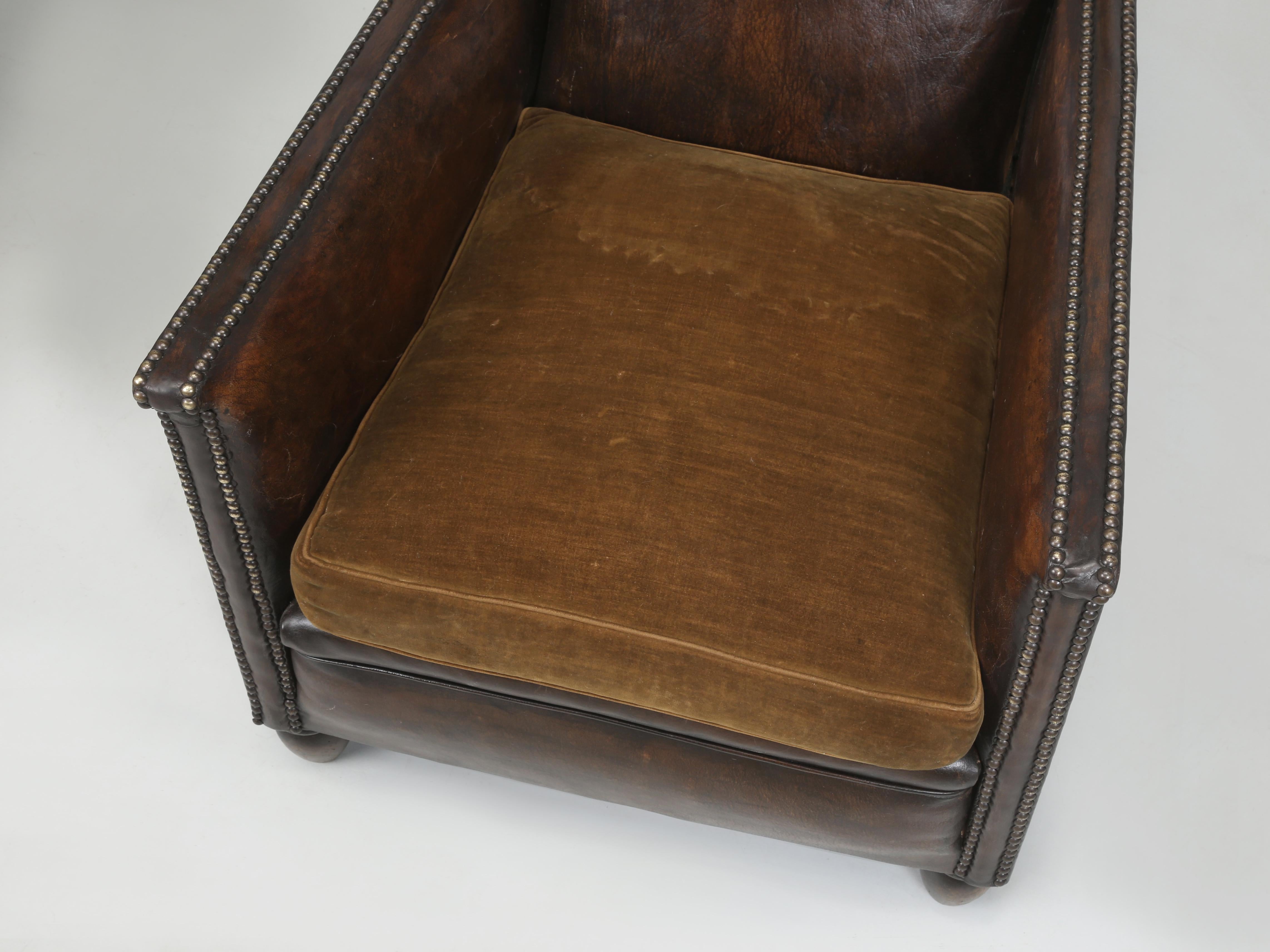 French Leather Club Chairs 1920's Original Velvet Cushions Restored Internally For Sale 1