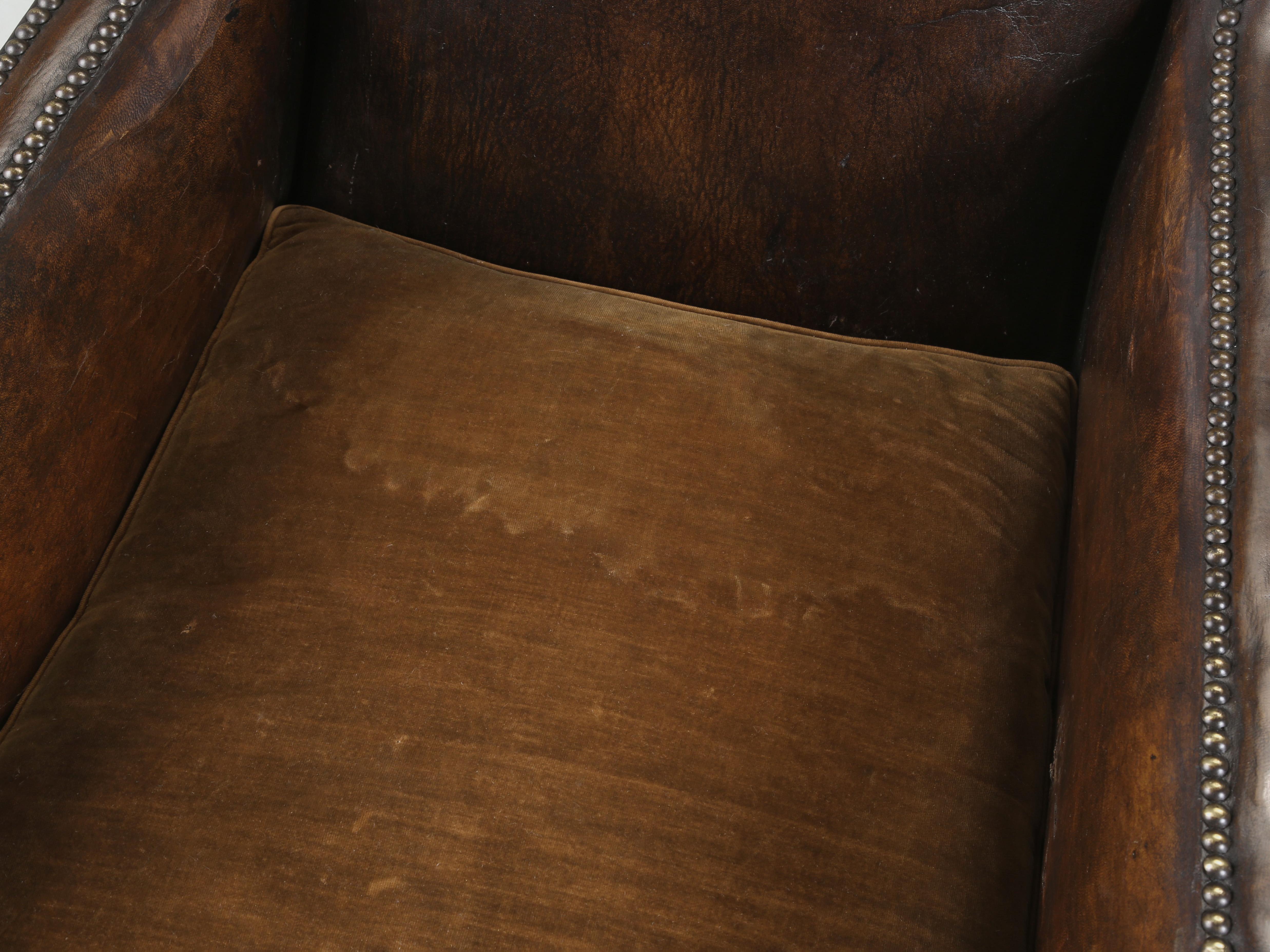 French Leather Club Chairs 1920's Original Velvet Cushions Restored Internally For Sale 2