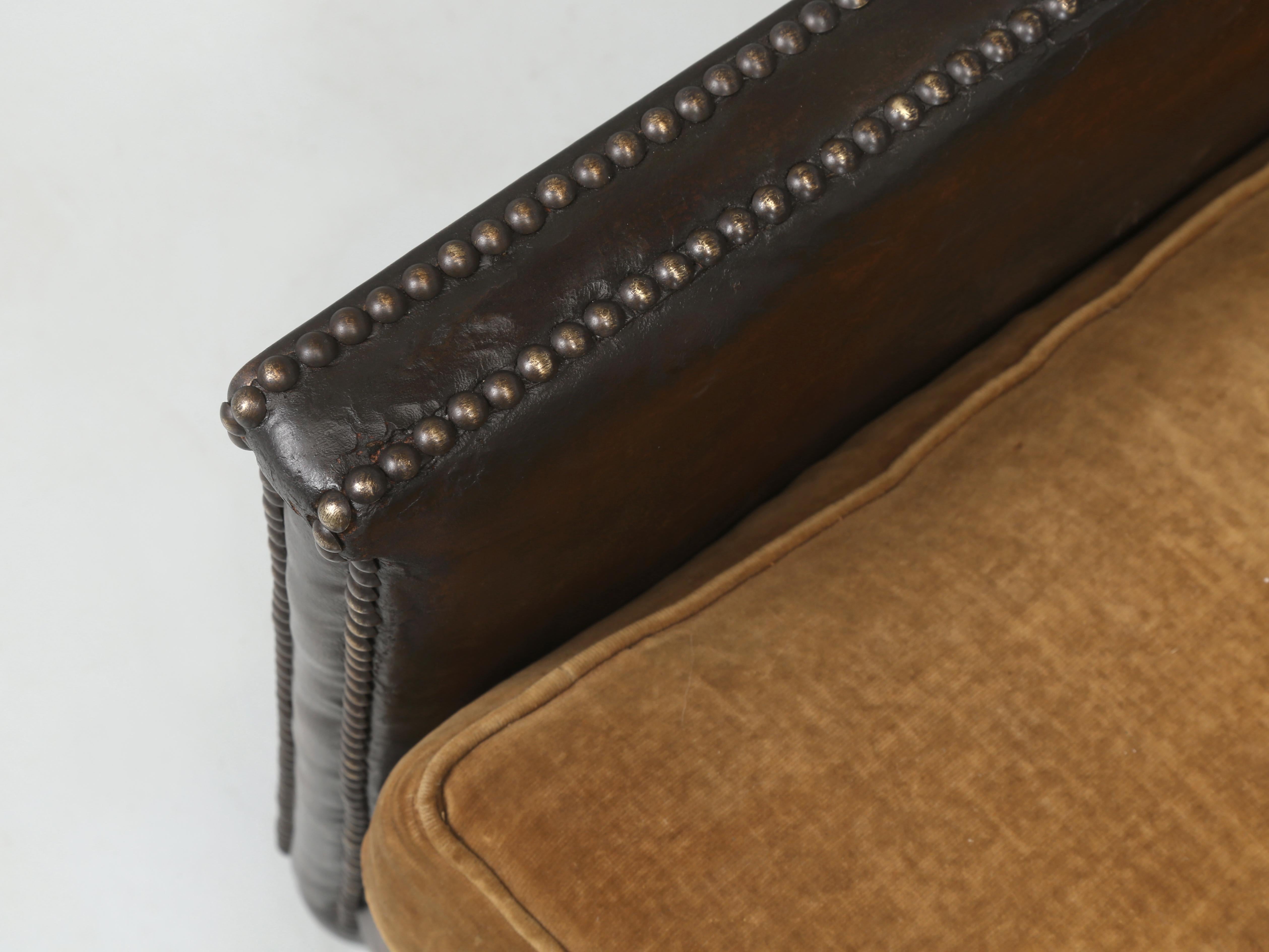 French Leather Club Chairs 1920's Original Velvet Cushions Restored Internally For Sale 3