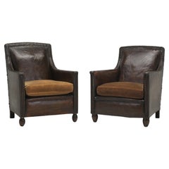 Antique French Leather Club Chairs 1920's Original Velvet Cushions Restored Internally