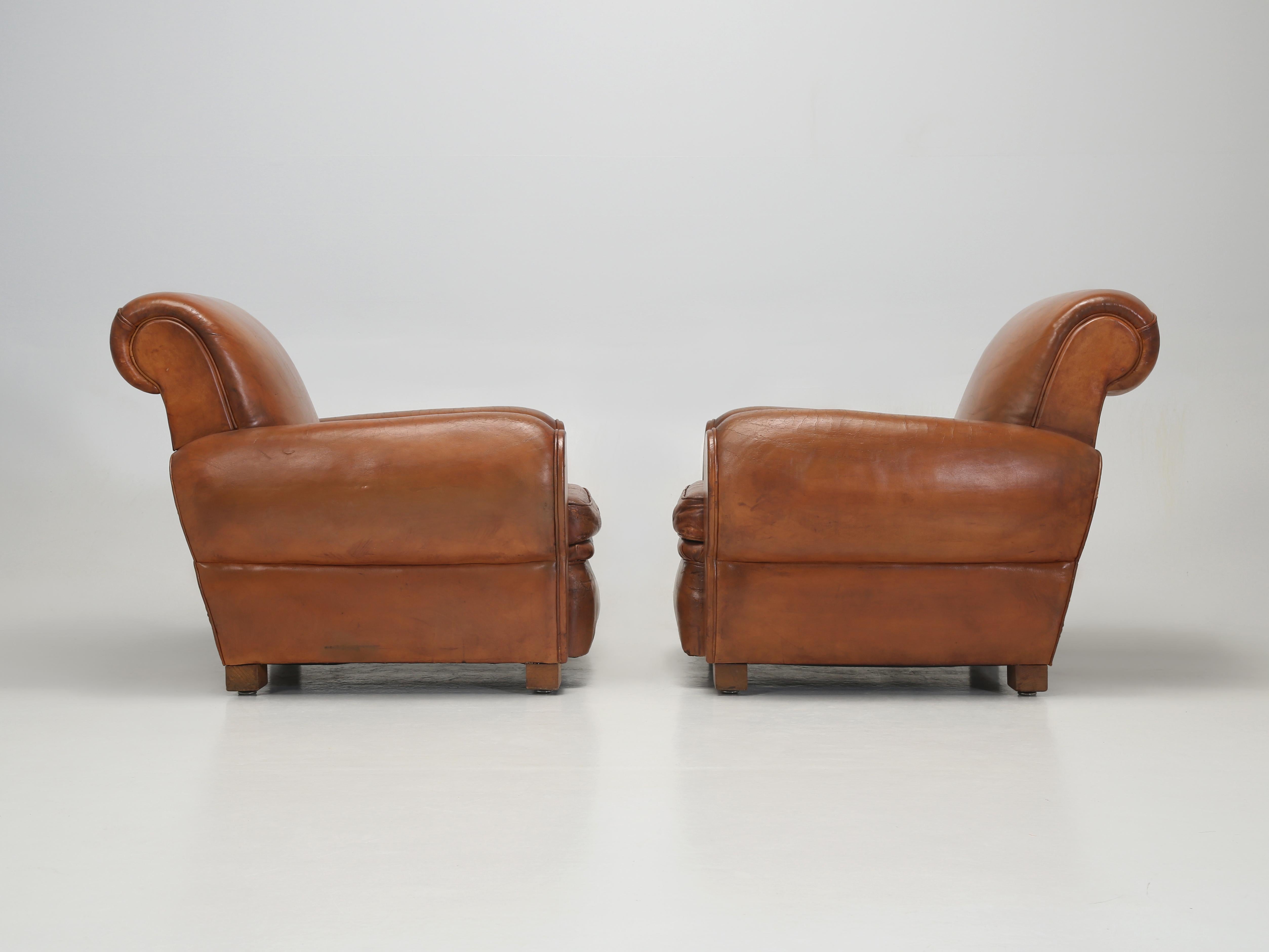 French Leather Club Chairs Art Deco Restored Internally Original Old Leather 10