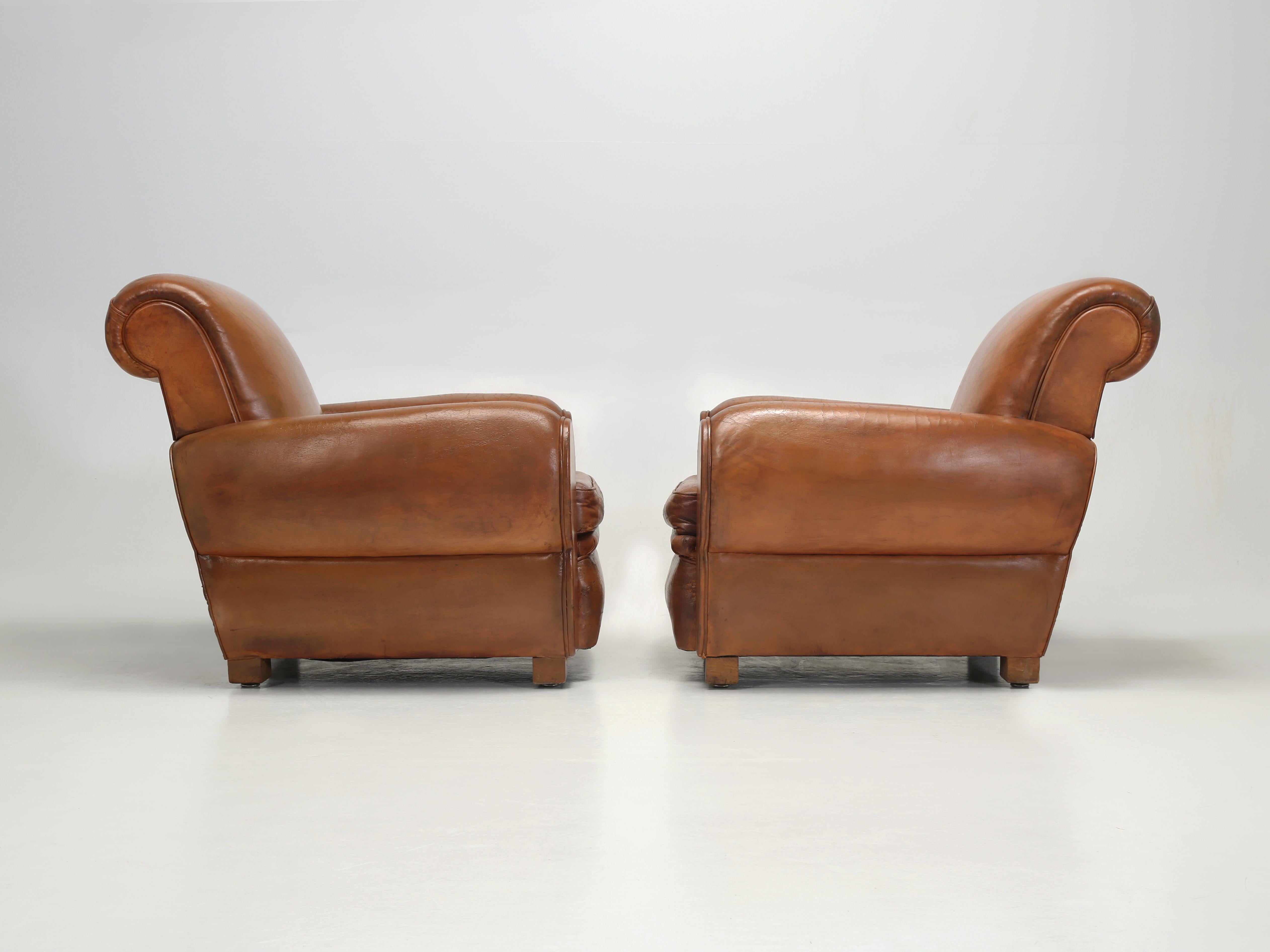 French Leather Club Chairs Art Deco Restored Internally Original Old Leather 11