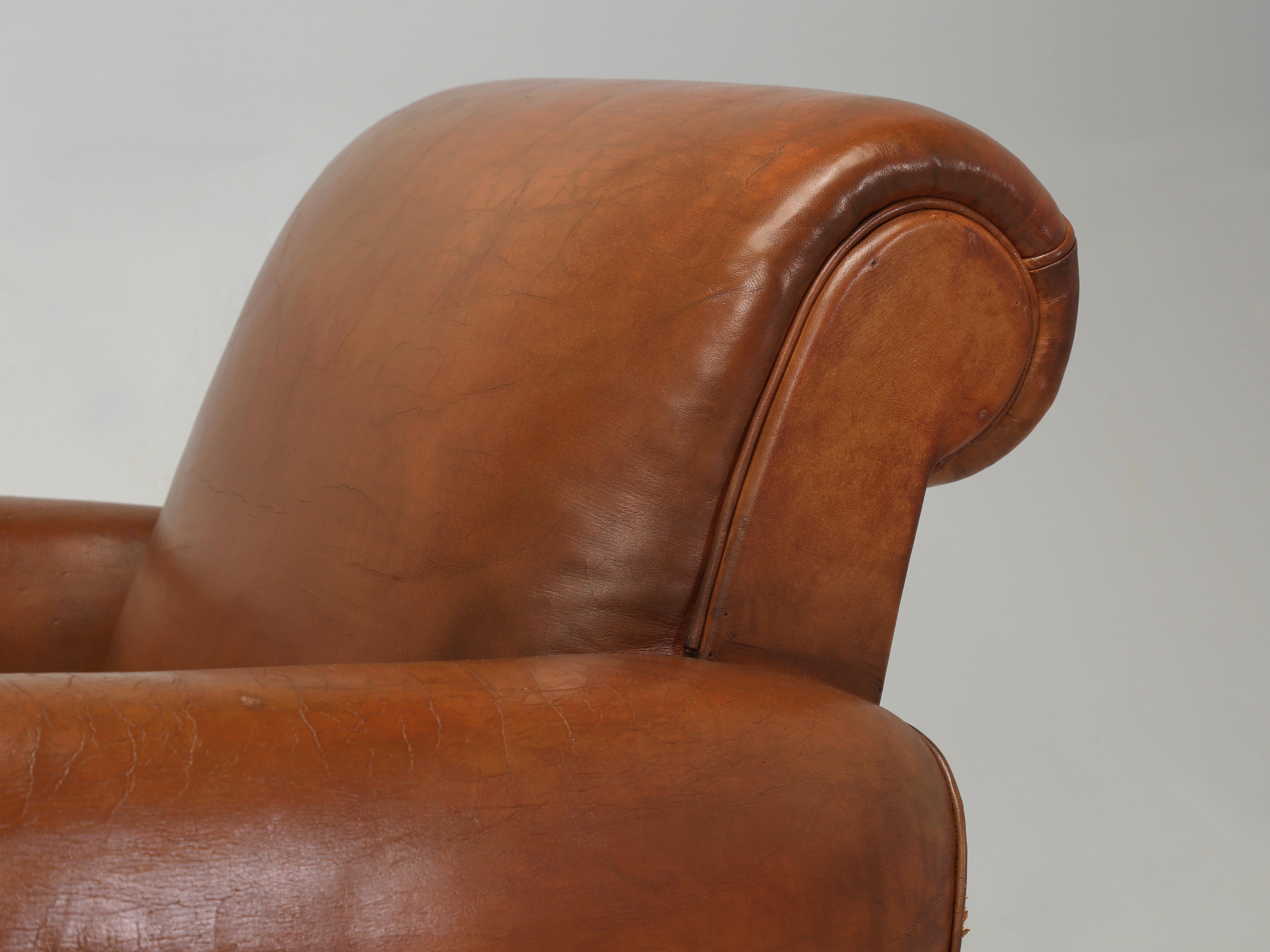 French Leather Club Chairs Art Deco Restored Internally Original Old Leather In Good Condition In Chicago, IL