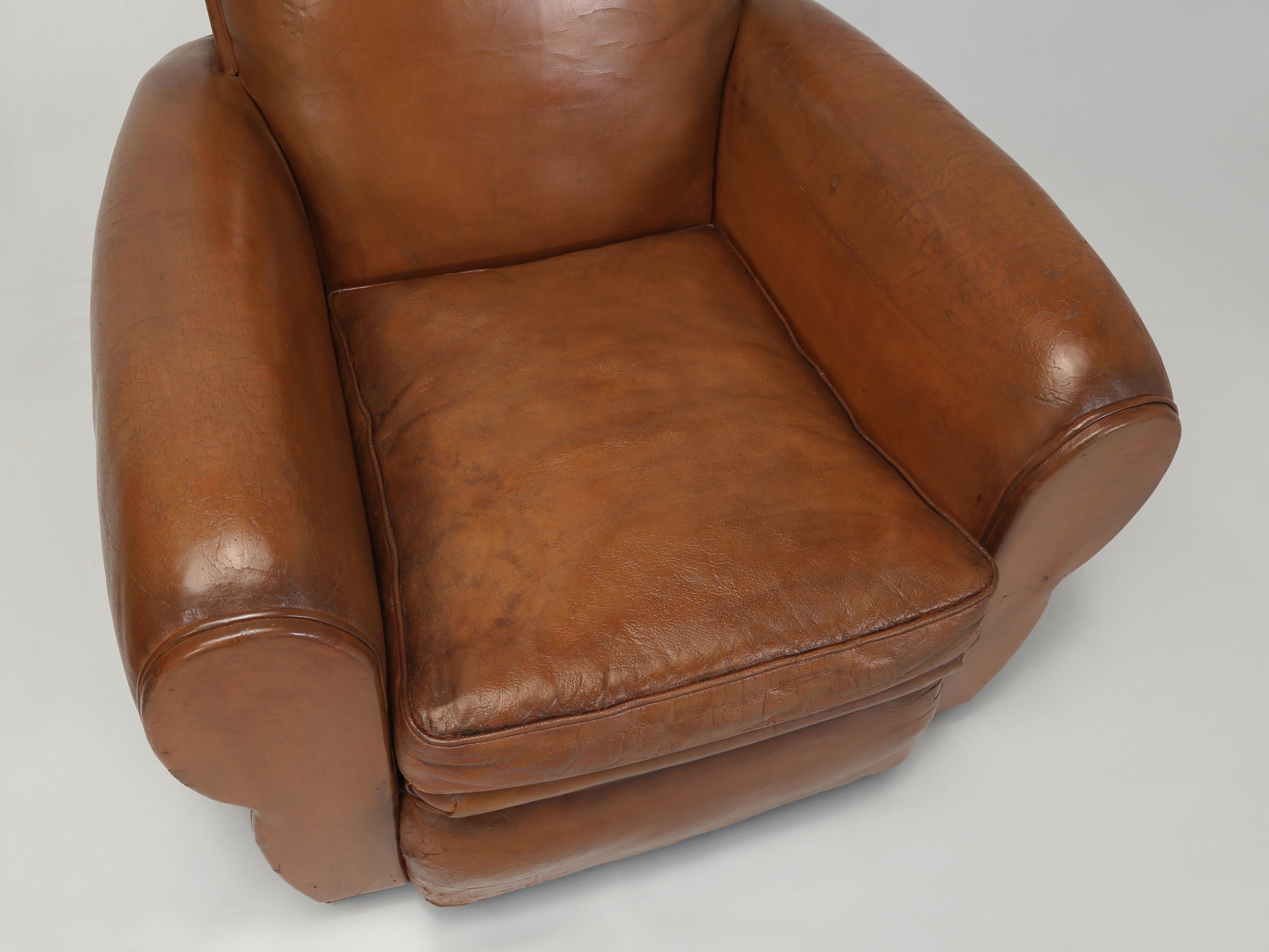 Mid-20th Century French Leather Club Chairs Art Deco Restored Internally Original Old Leather