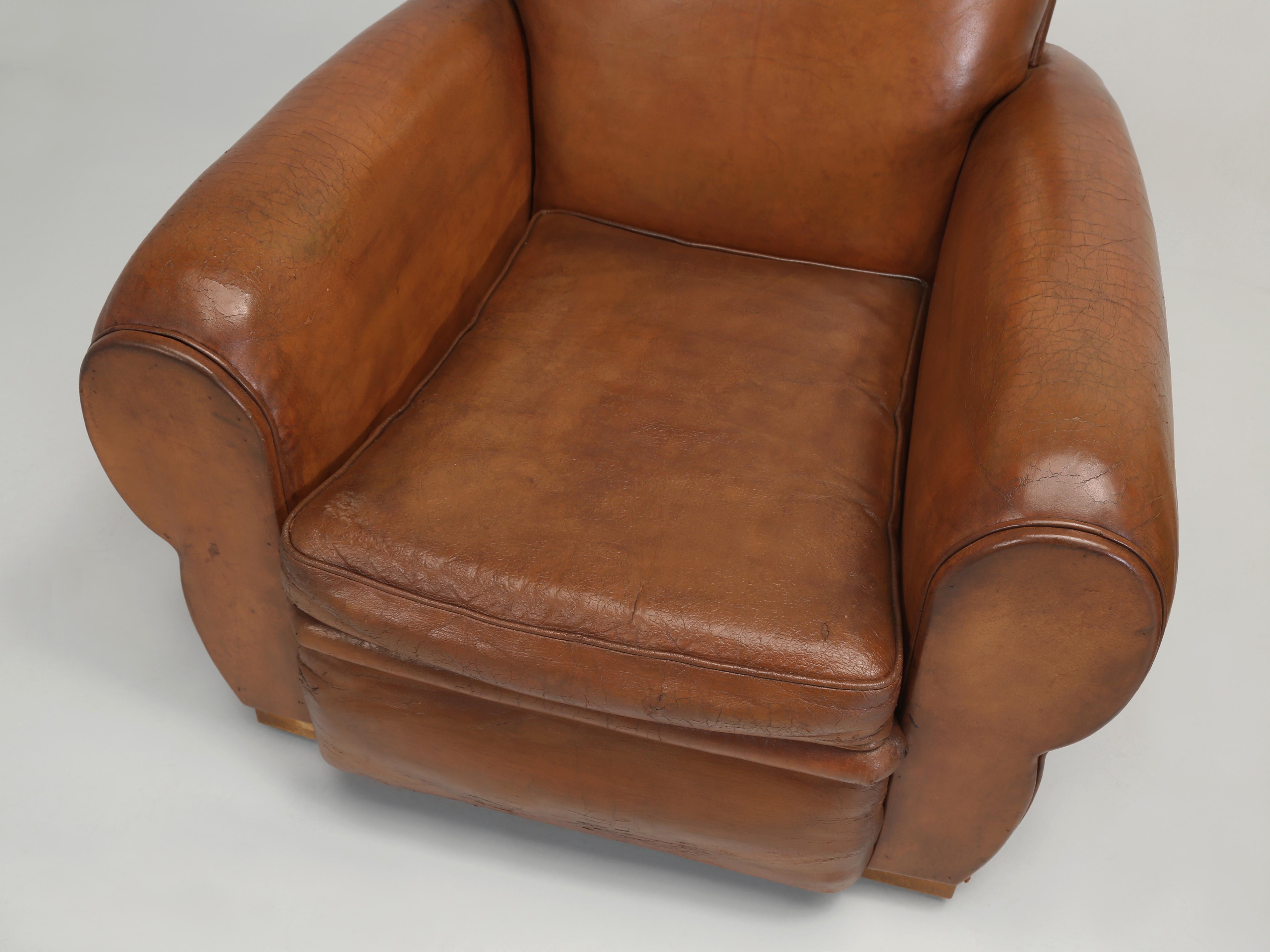 French Leather Club Chairs Art Deco Restored Internally Original Old Leather 1