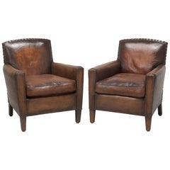 Antique French Leather Club Chairs, Completely Restored