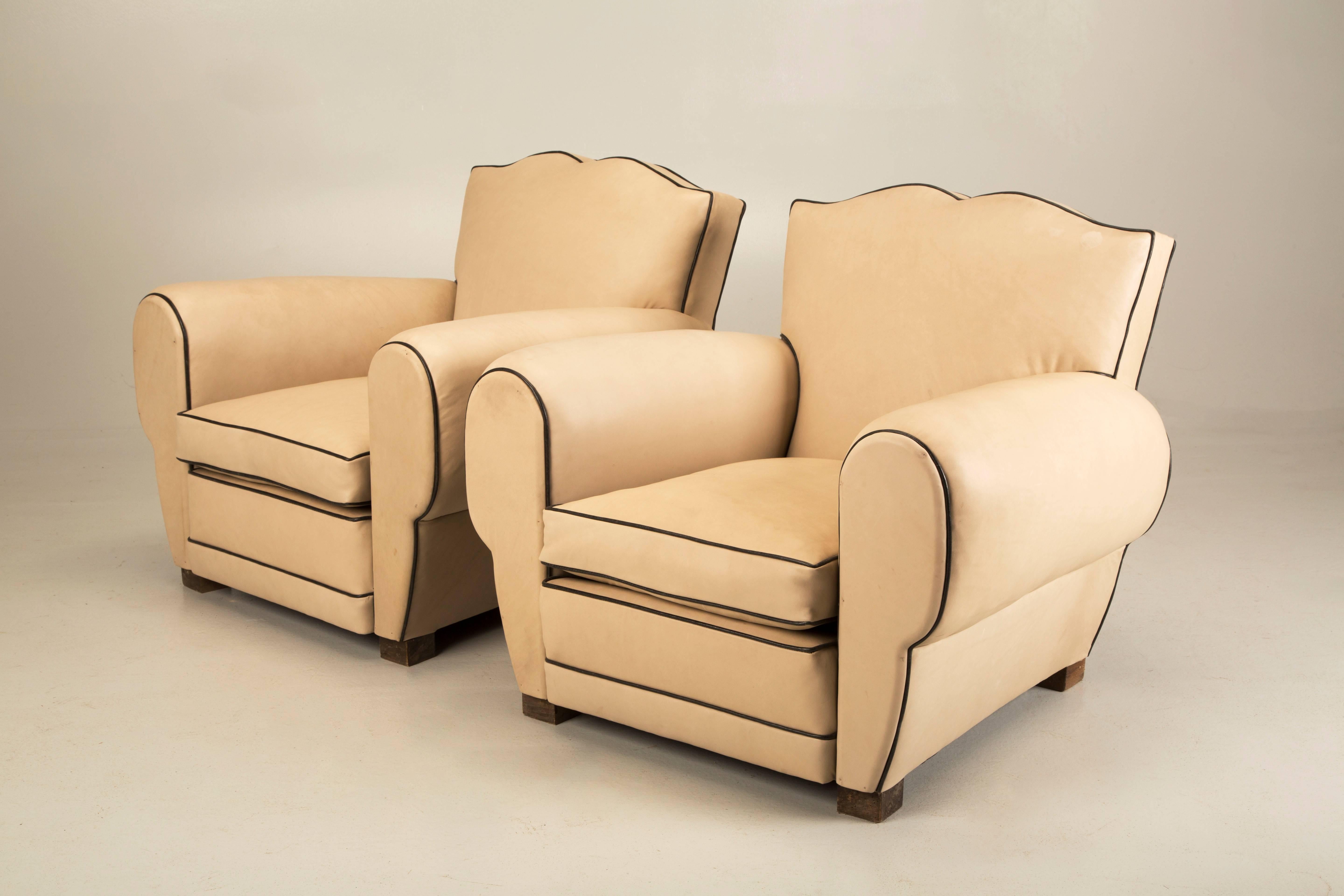 Mid-20th Century French Leather Club Chairs, Completely Restored from the Bare Wooden Frames Up