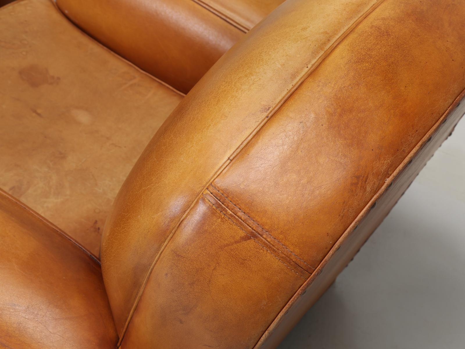 French Leather Club Chairs, in Spectacular All Original Condition In Good Condition In Chicago, IL