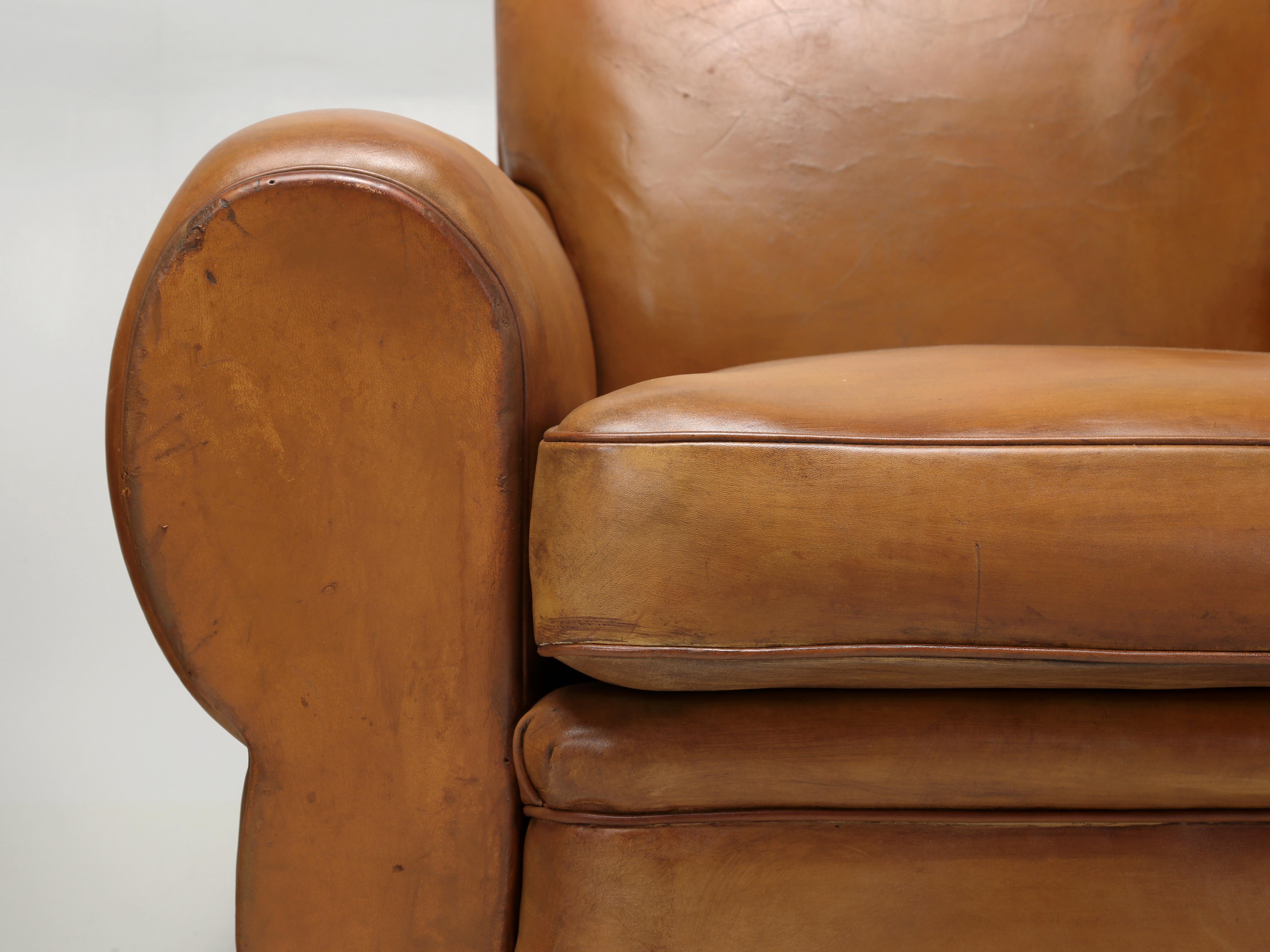 French Leather Club Chairs Properly Restored from Inside Out, Original Leather For Sale 5