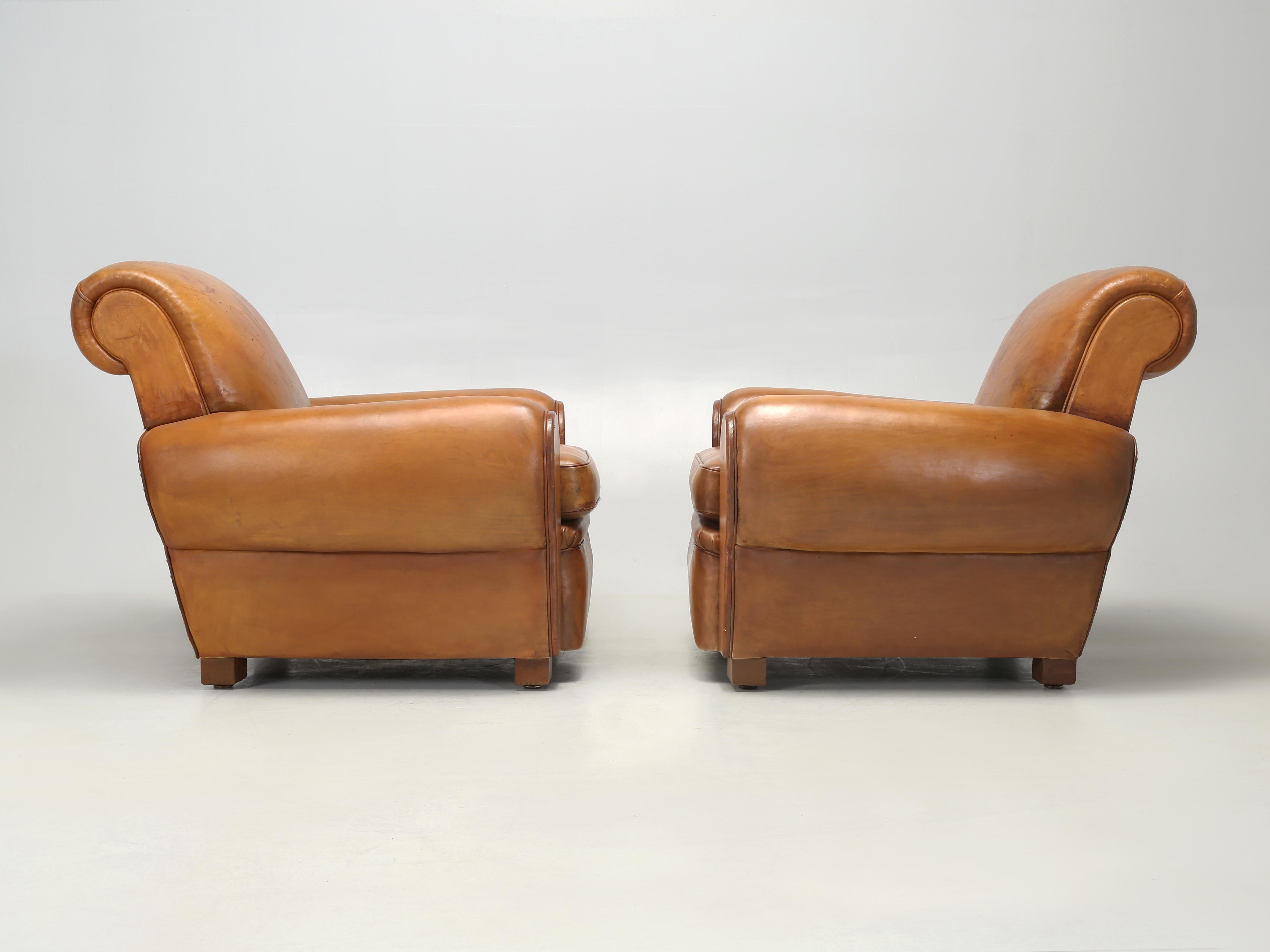 French Leather Club Chairs Properly Restored from Inside Out, Original Leather For Sale 8