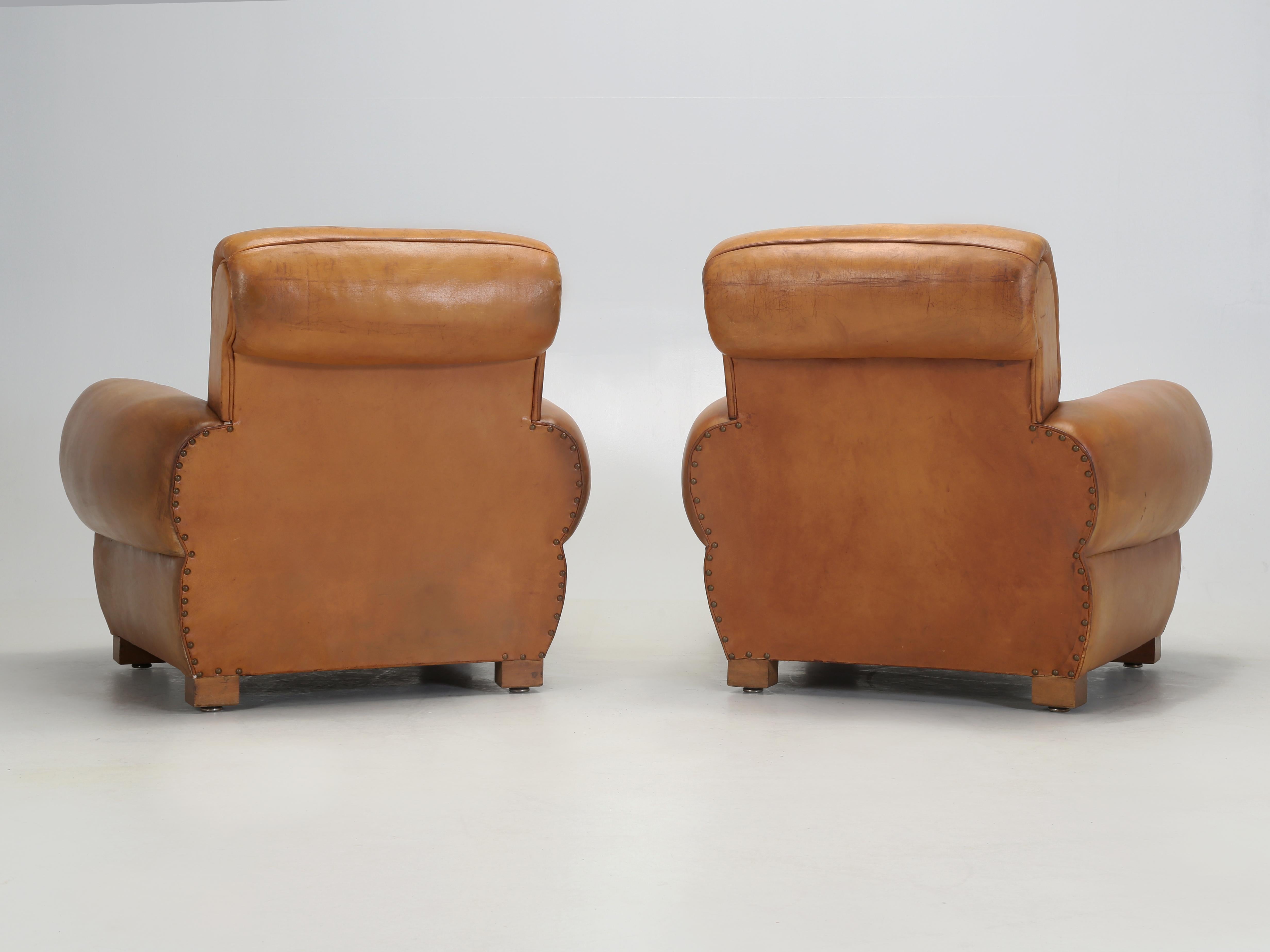 French Leather Club Chairs Properly Restored from Inside Out, Original Leather For Sale 9