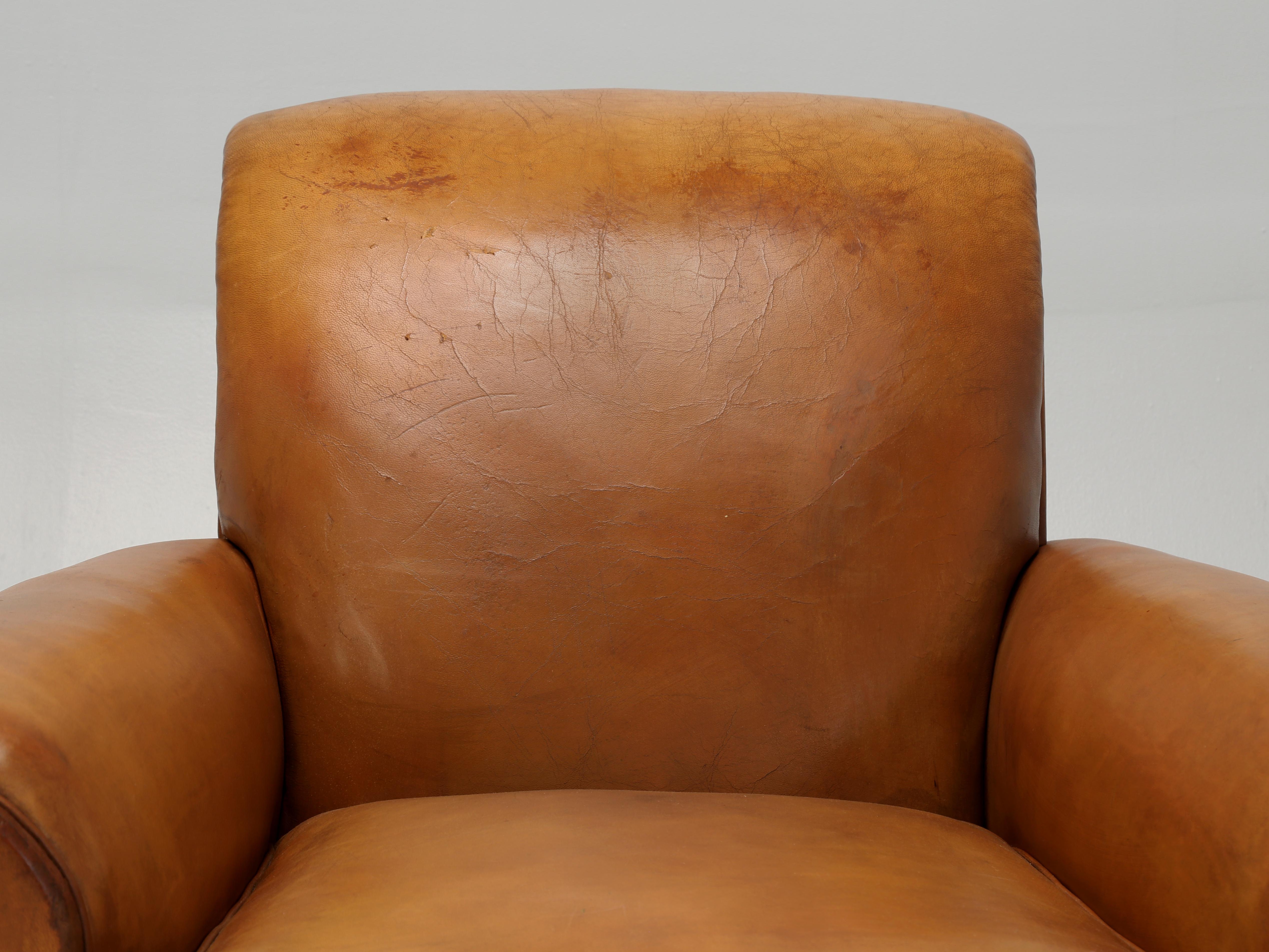Dyed French Leather Club Chairs Properly Restored from Inside Out, Original Leather For Sale