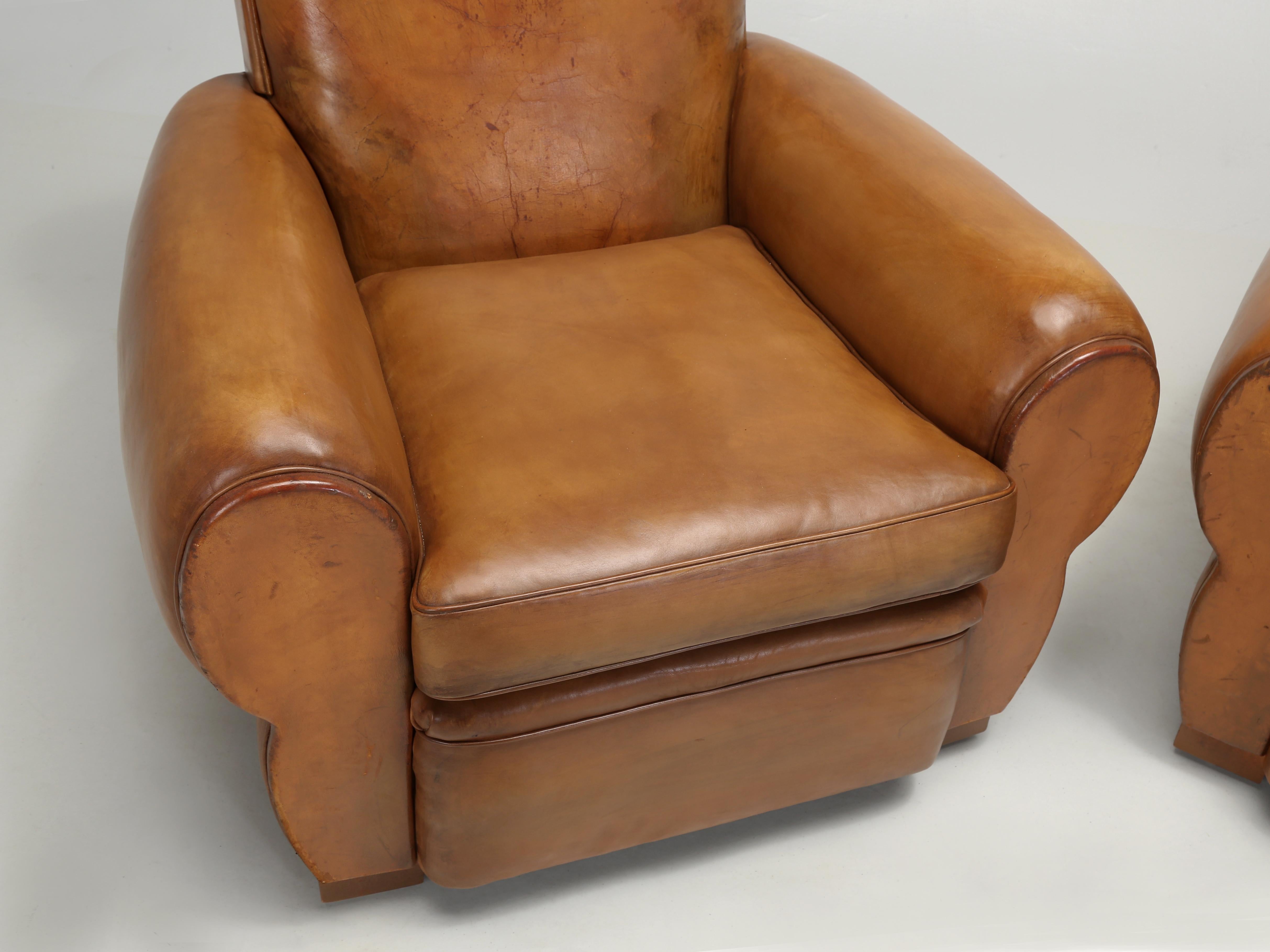 Mid-20th Century French Leather Club Chairs Properly Restored from Inside Out, Original Leather For Sale