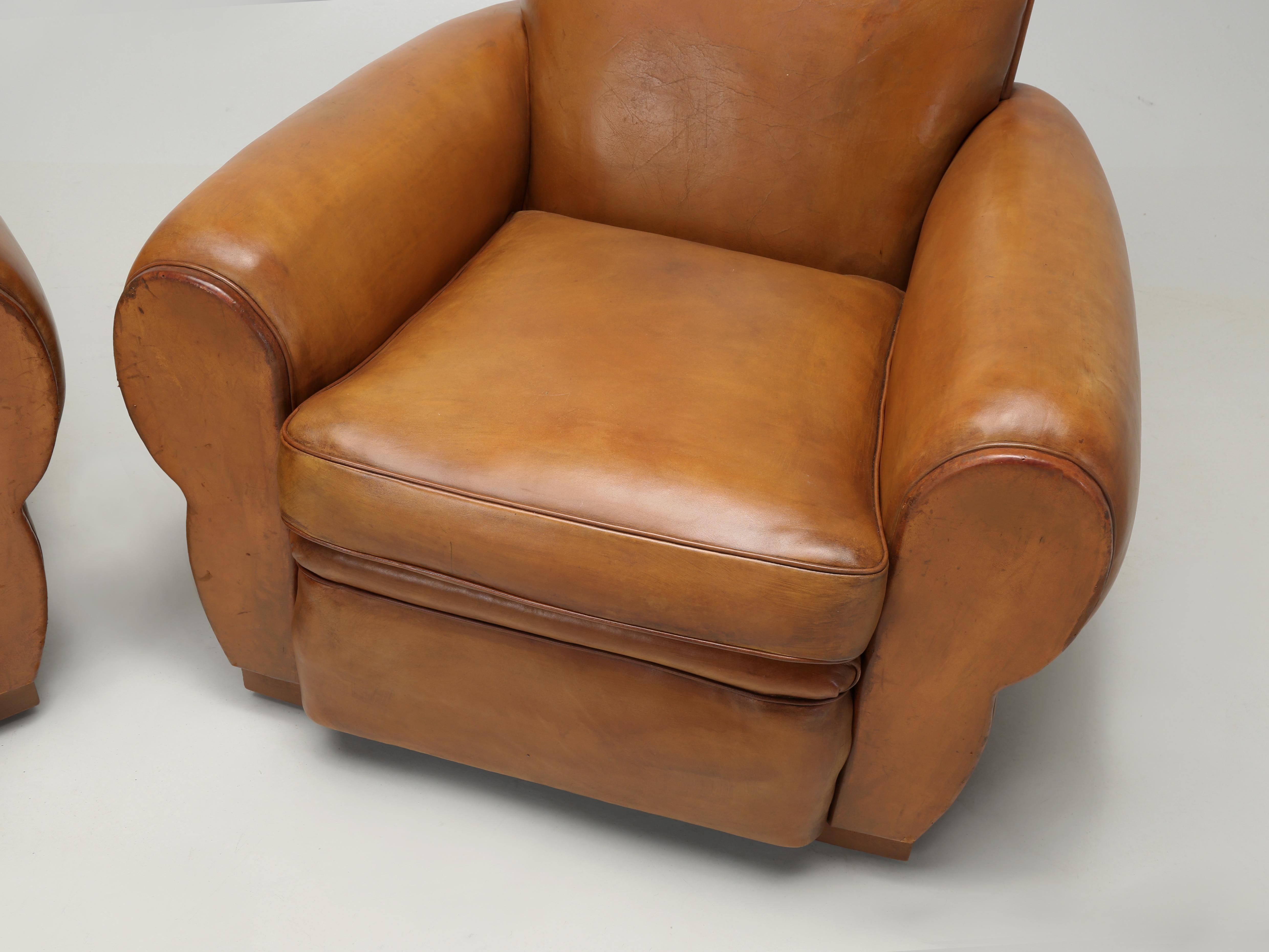 French Leather Club Chairs Properly Restored from Inside Out, Original Leather For Sale 1