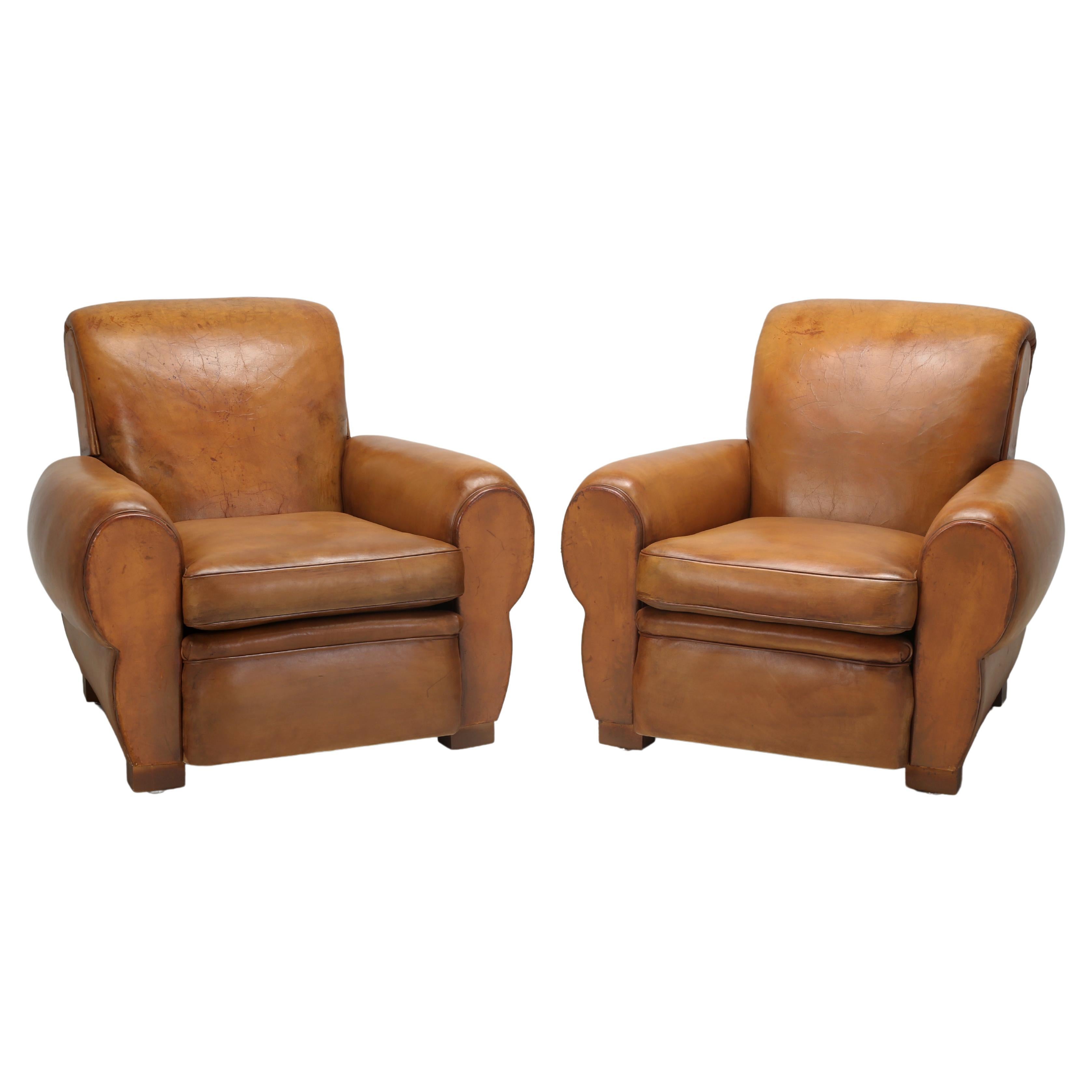 French Leather Club Chairs Properly Restored from Inside Out, Original Leather For Sale