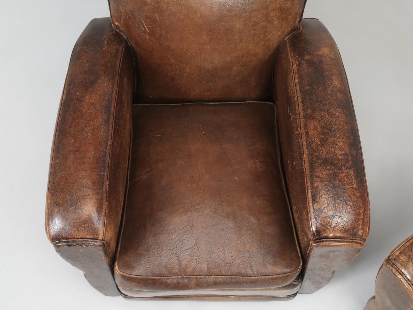Mid-20th Century French Leather Club Chairs Restored Internally Cosmetically Original Third Avail