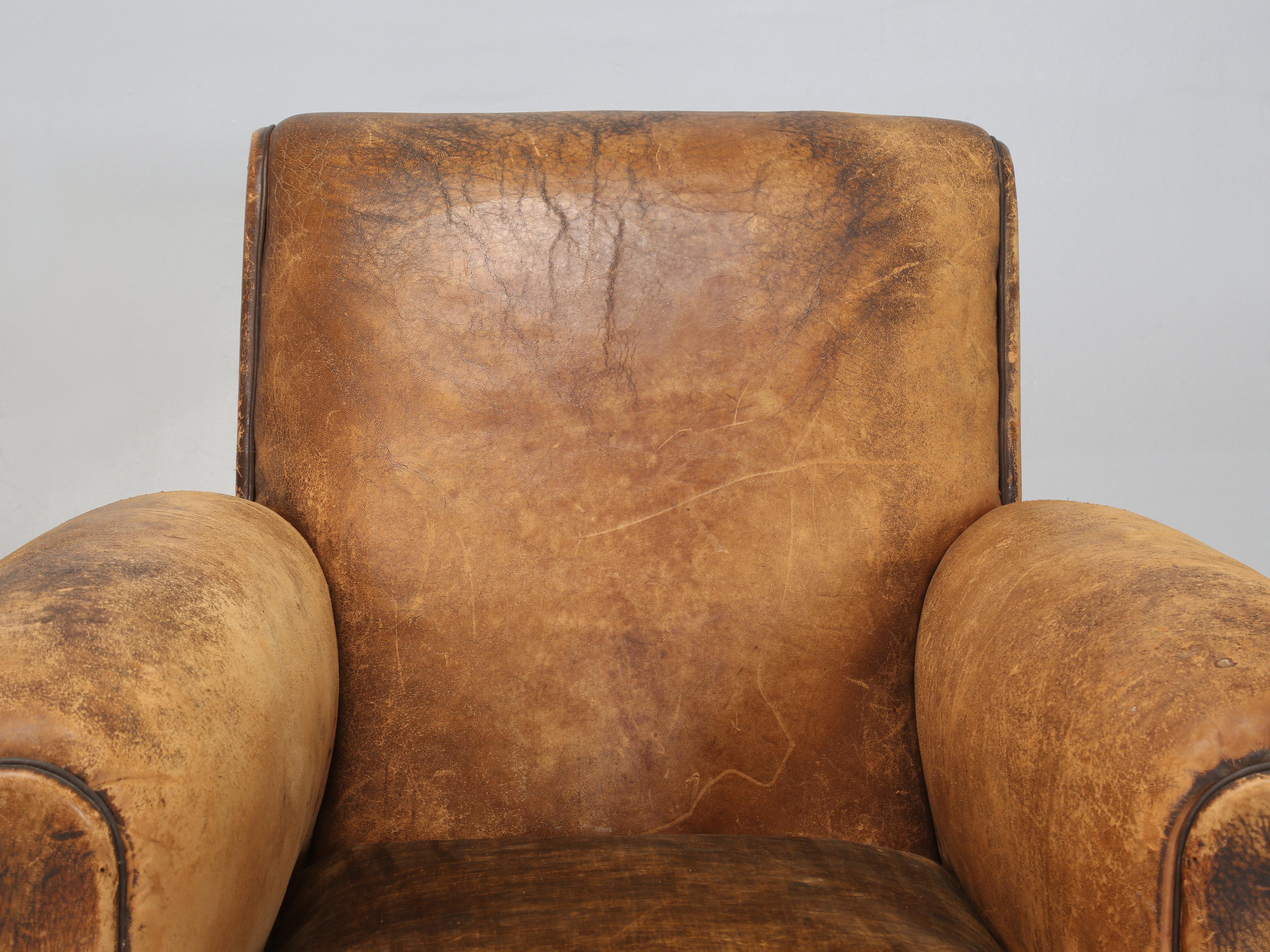 Art Deco French Leather Club Chairs Restored Internally Horsehair Original Velvet Cushion For Sale