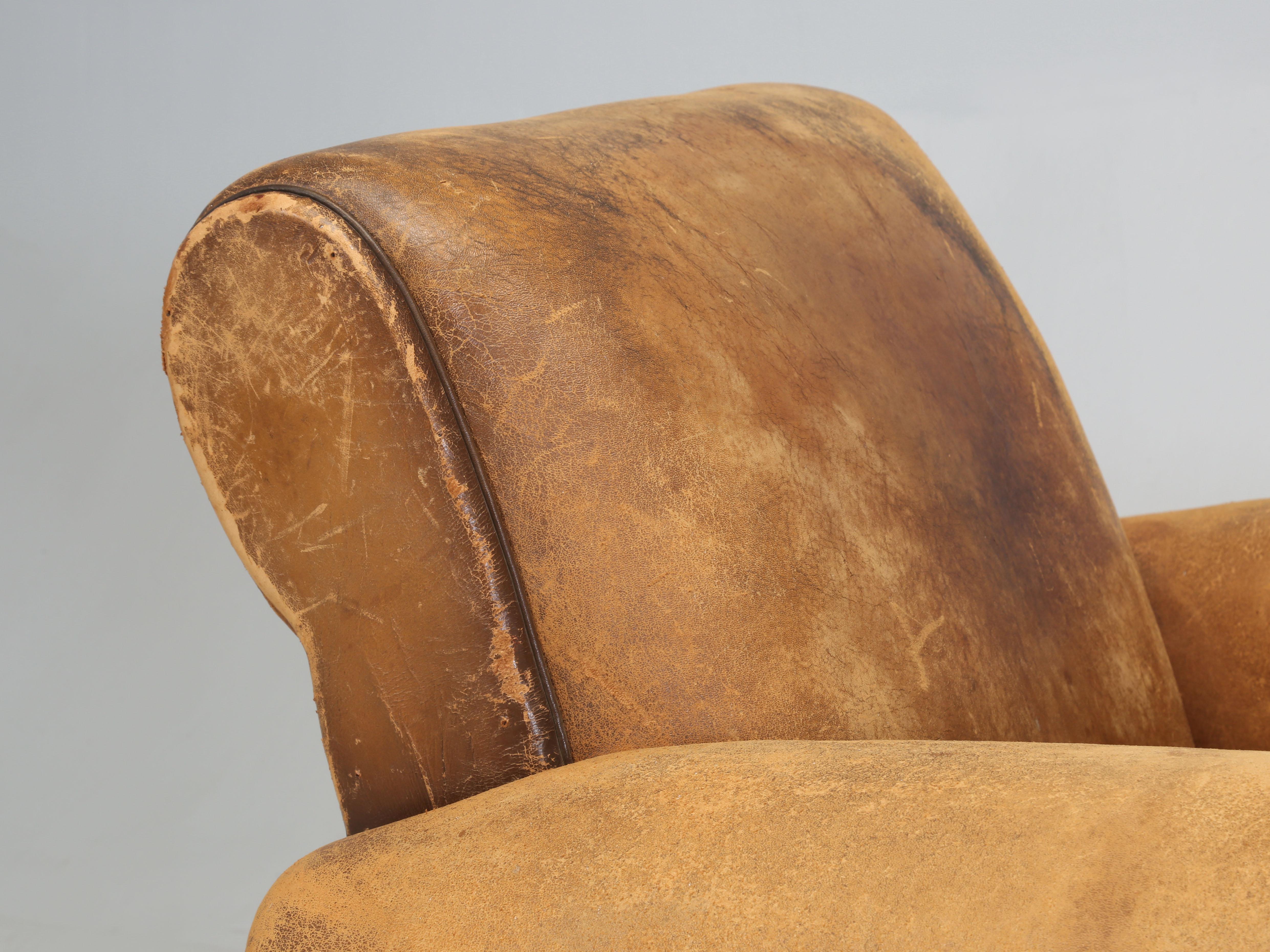 Hand-Crafted French Leather Club Chairs Restored Internally Horsehair Original Velvet Cushion For Sale