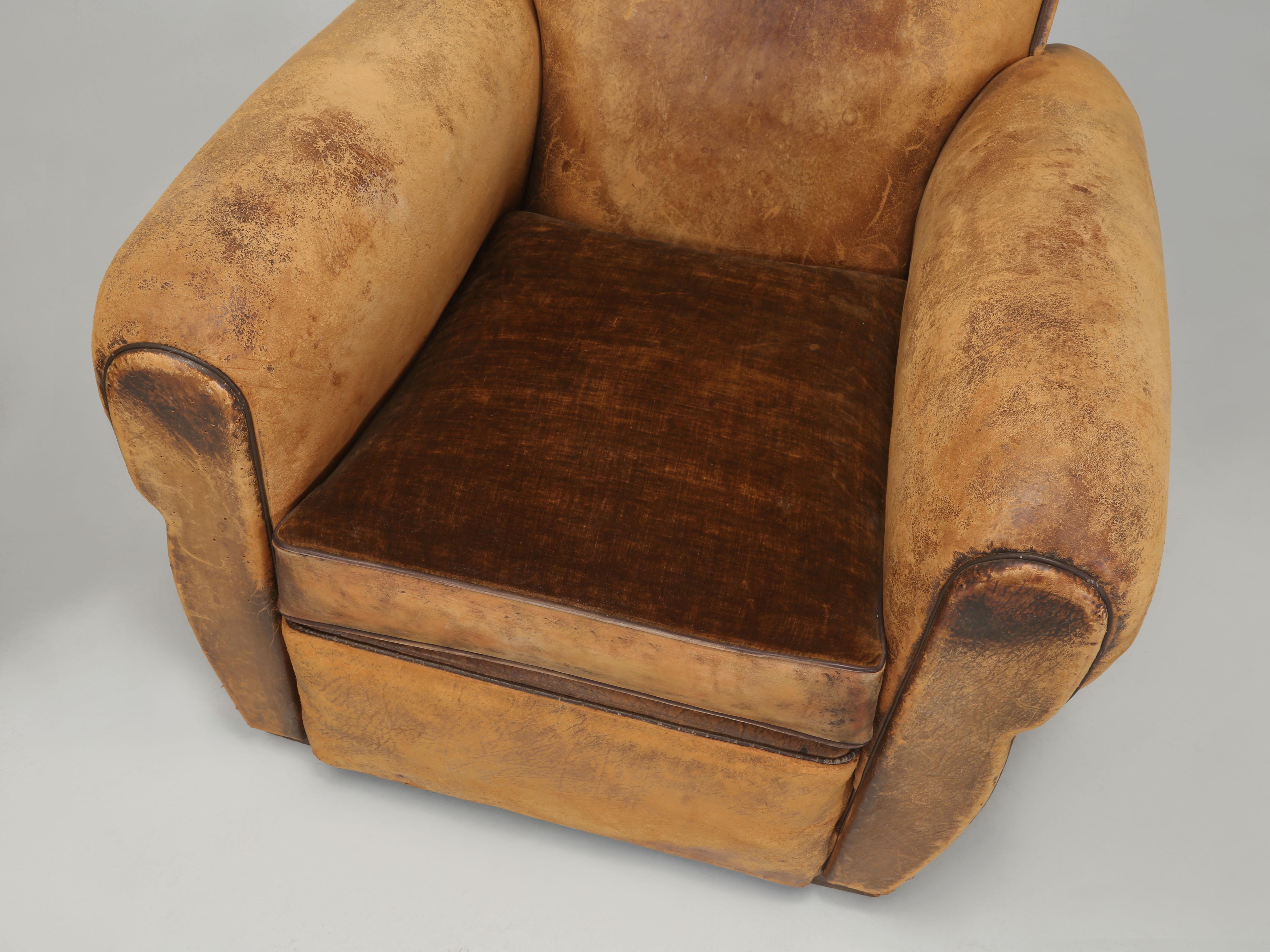 Mid-20th Century French Leather Club Chairs Restored Internally Horsehair Original Velvet Cushion