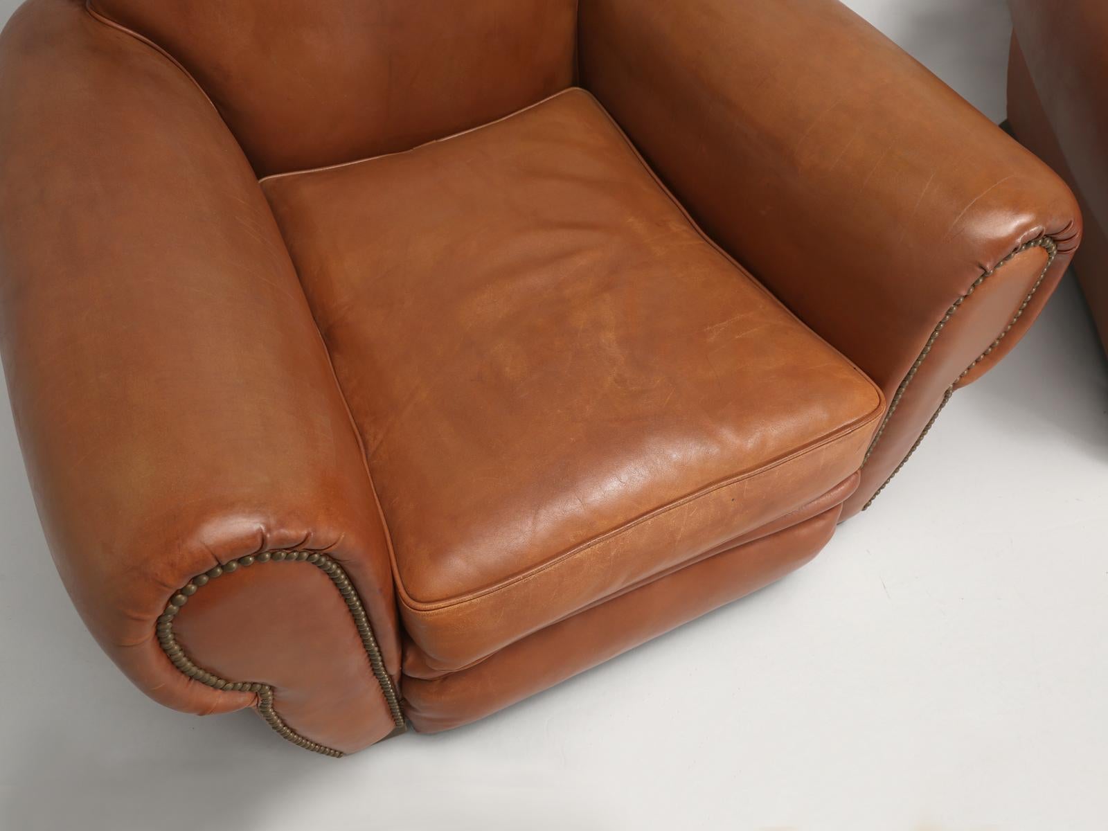 Art Deco French Leather Club Chairs Restored Internally Original Leather by Tannerie Nory