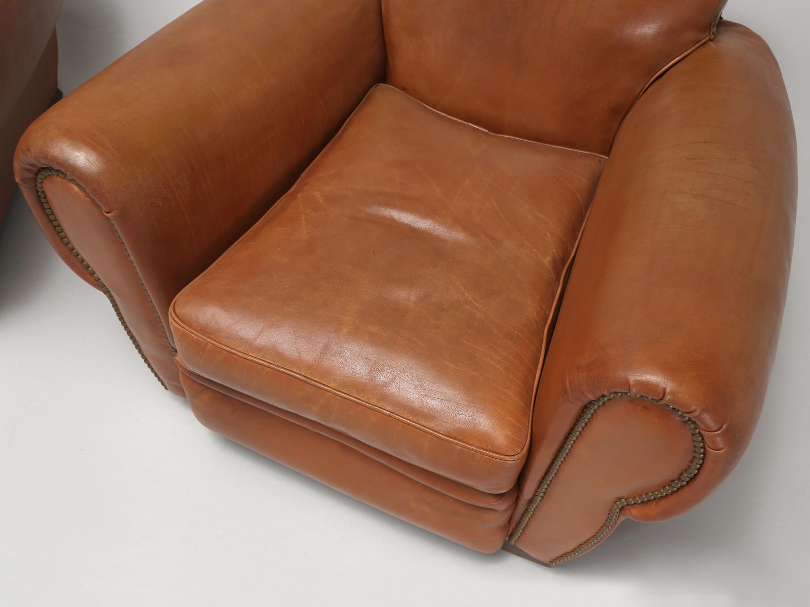 Hand-Crafted French Leather Club Chairs Restored Internally Original Leather by Tannerie Nory