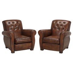 French Leather Club Chairs Restored Internally with Horsehair, Original Leather