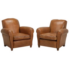 French Leather Club Chairs Restored with Horsehair and Still in Original Leather