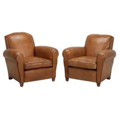 French Leather Club Chairs Restored with Horsehair and Still in Original Leather
