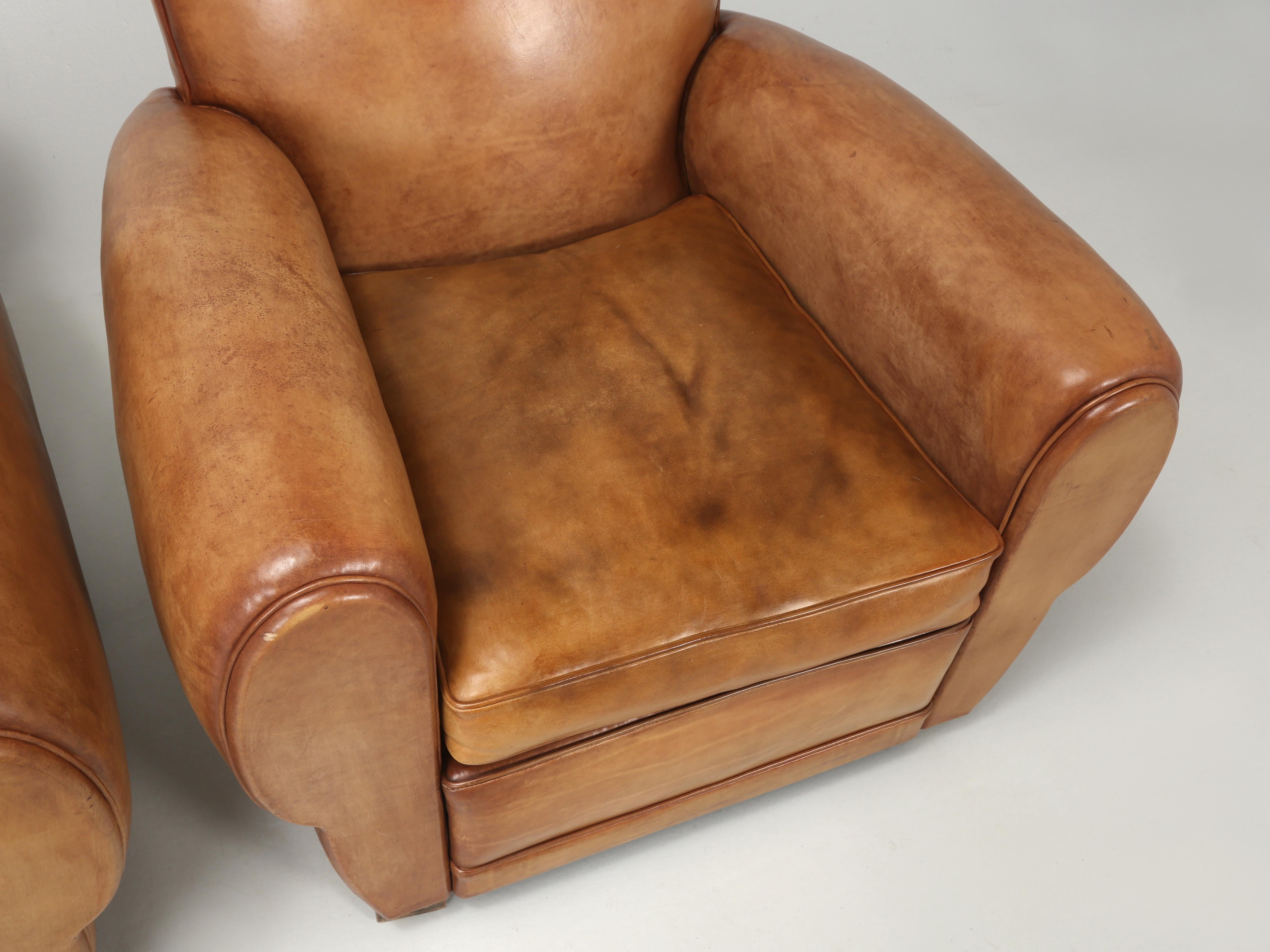 French Leather Club Chairs, Set of '4' Restored with New Leather and Horsehair In Good Condition In Chicago, IL