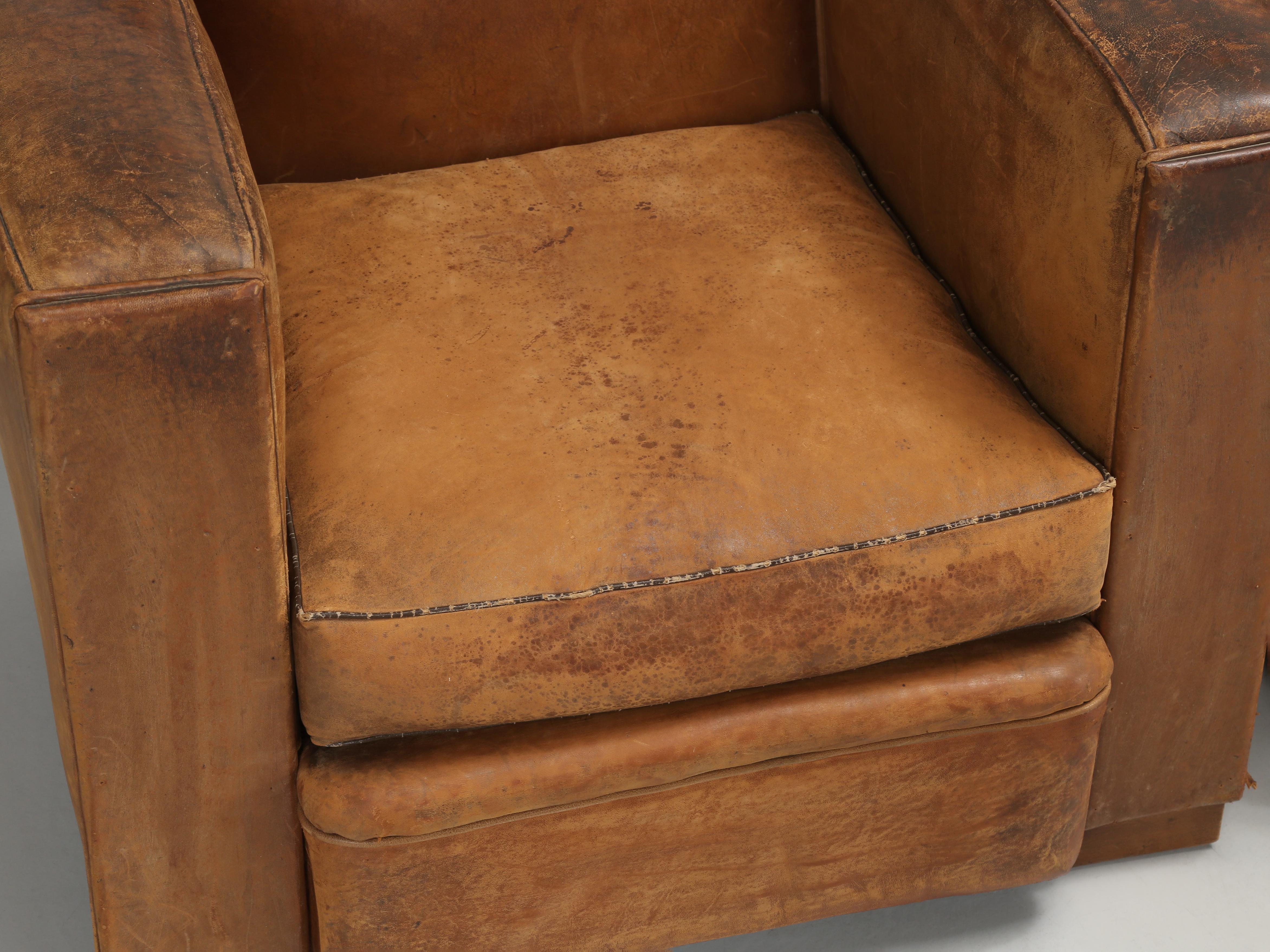 Art Deco French Leather Club Chairs Unrestored Cosmetically Completely Restored Interiors