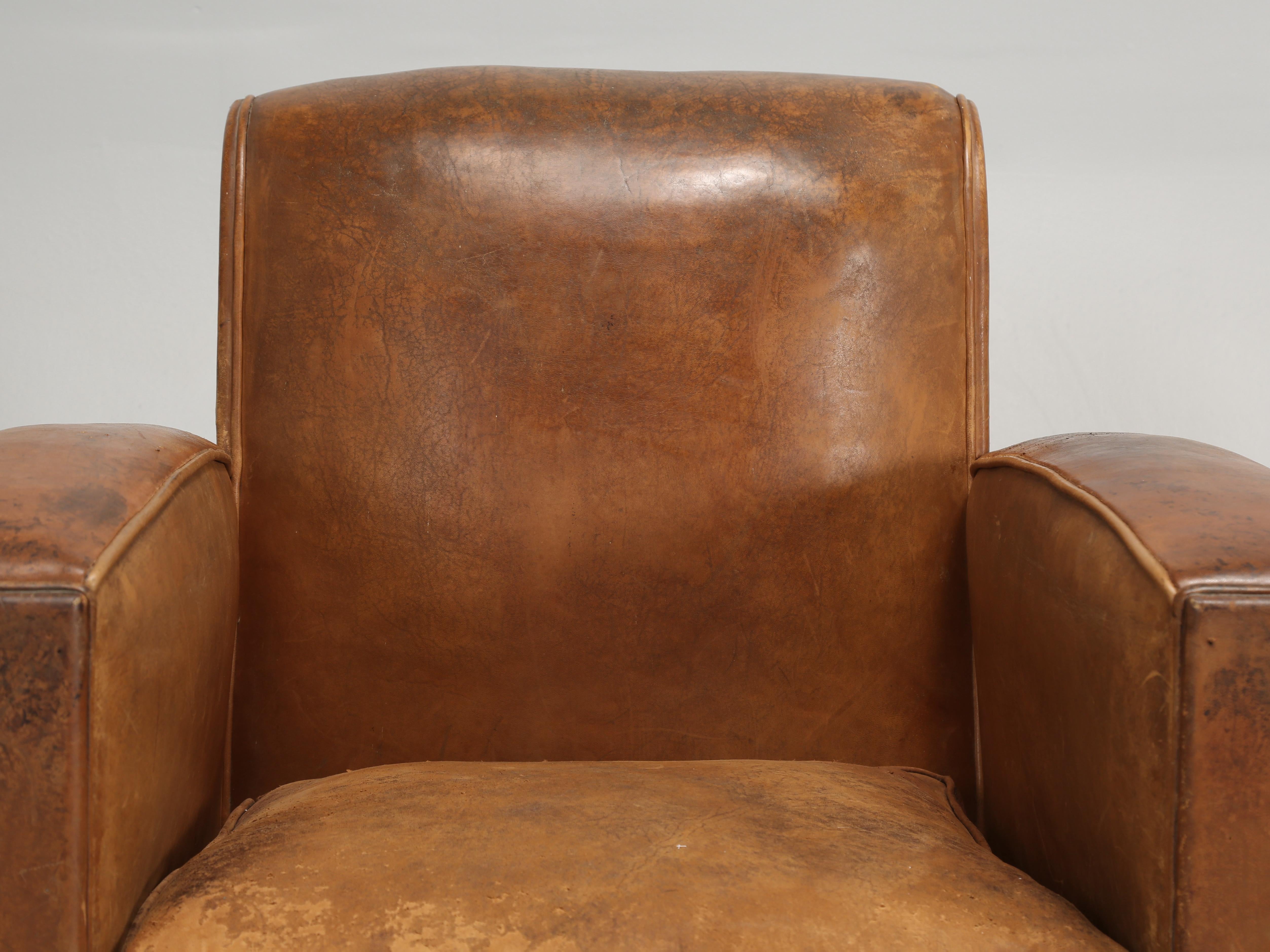 Hand-Crafted French Leather Club Chairs Unrestored Cosmetically Completely Restored Interiors
