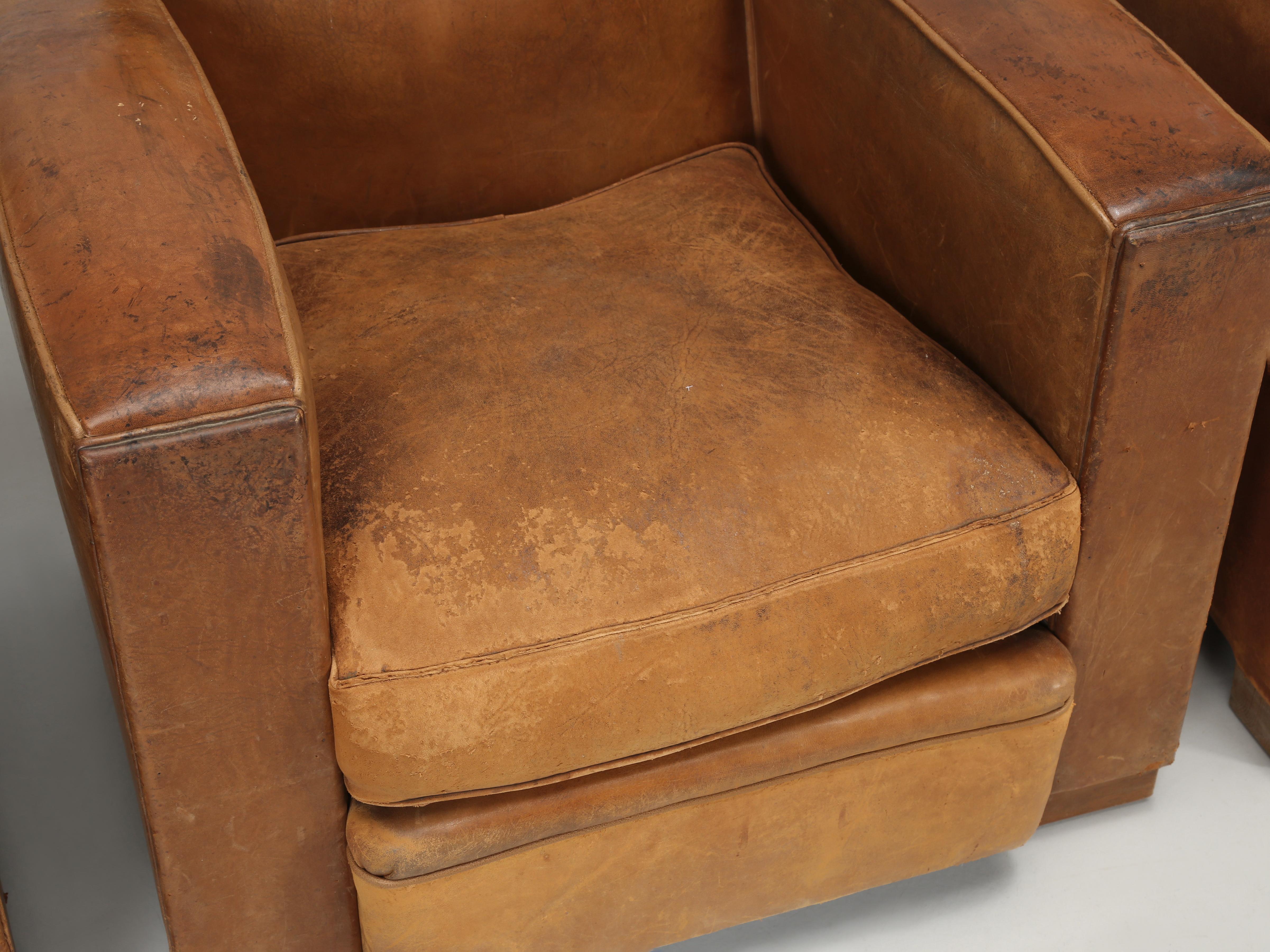 French Leather Club Chairs Unrestored Cosmetically Completely Restored Interiors In Good Condition In Chicago, IL