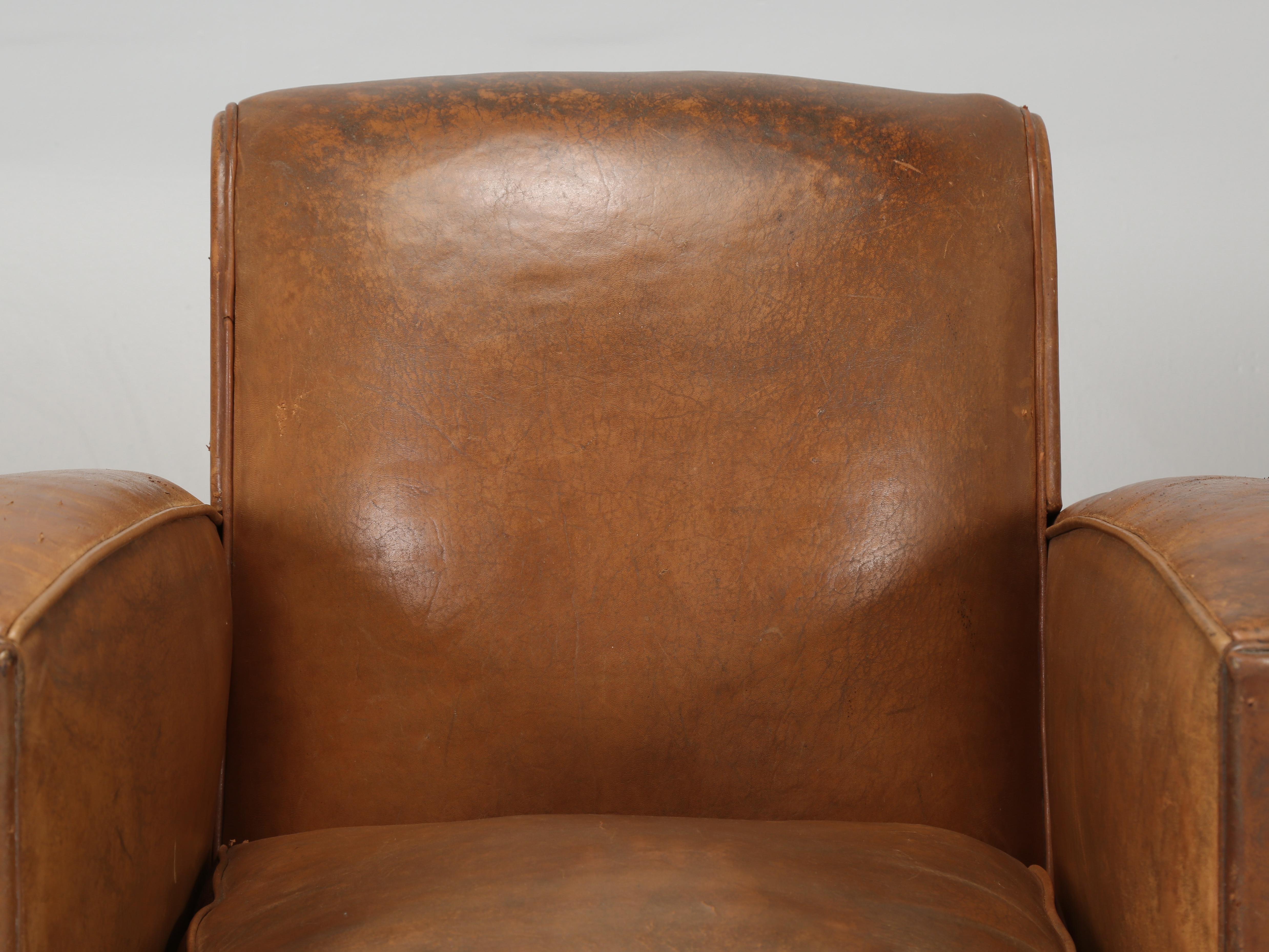 Early 20th Century French Leather Club Chairs Unrestored Cosmetically Completely Restored Interiors