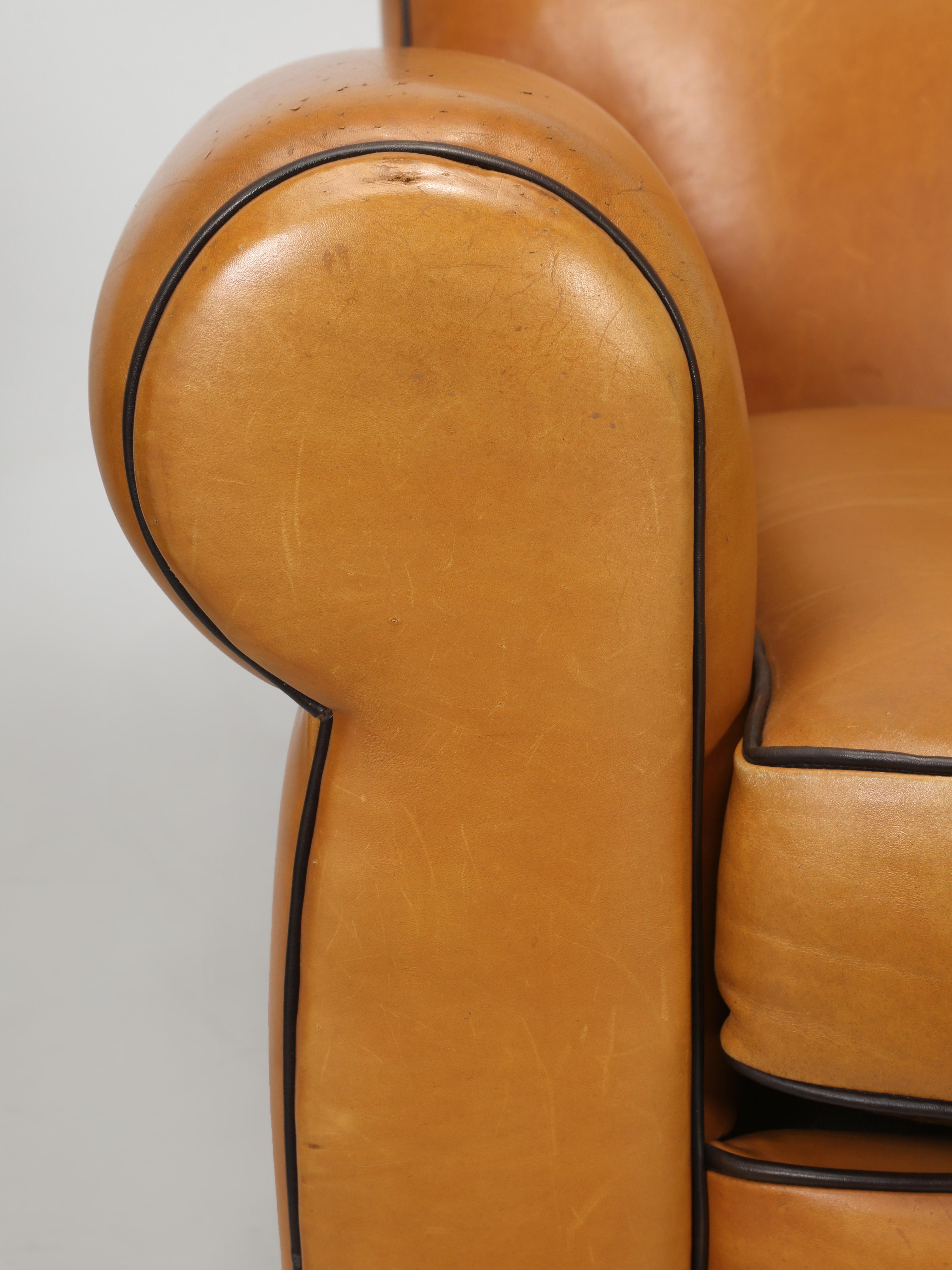 French Leather Club Chairs with Ottomans Restored Internally, Original Leather 1