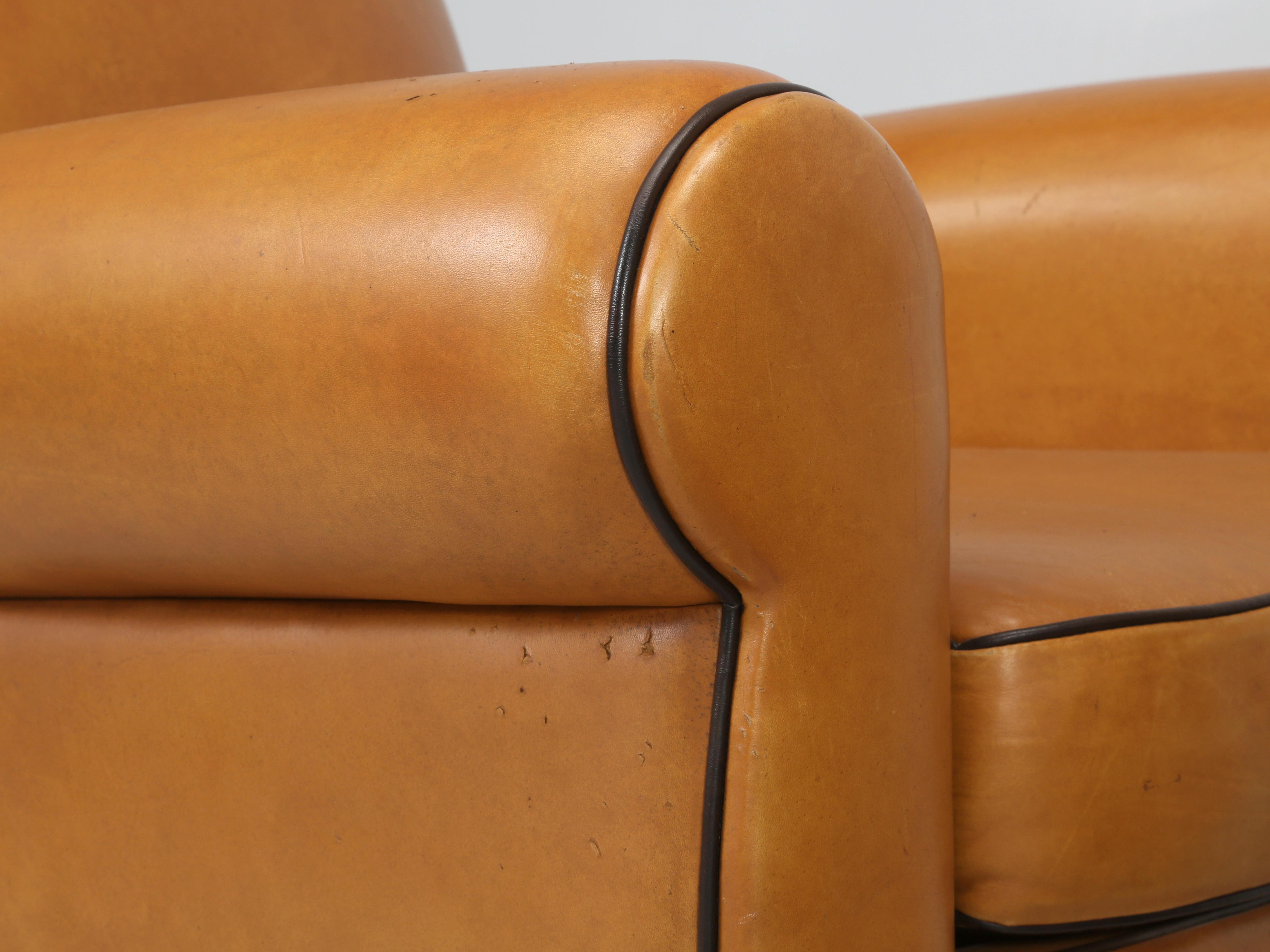 French Leather Club Chairs with Ottomans Restored Internally, Original Leather 2