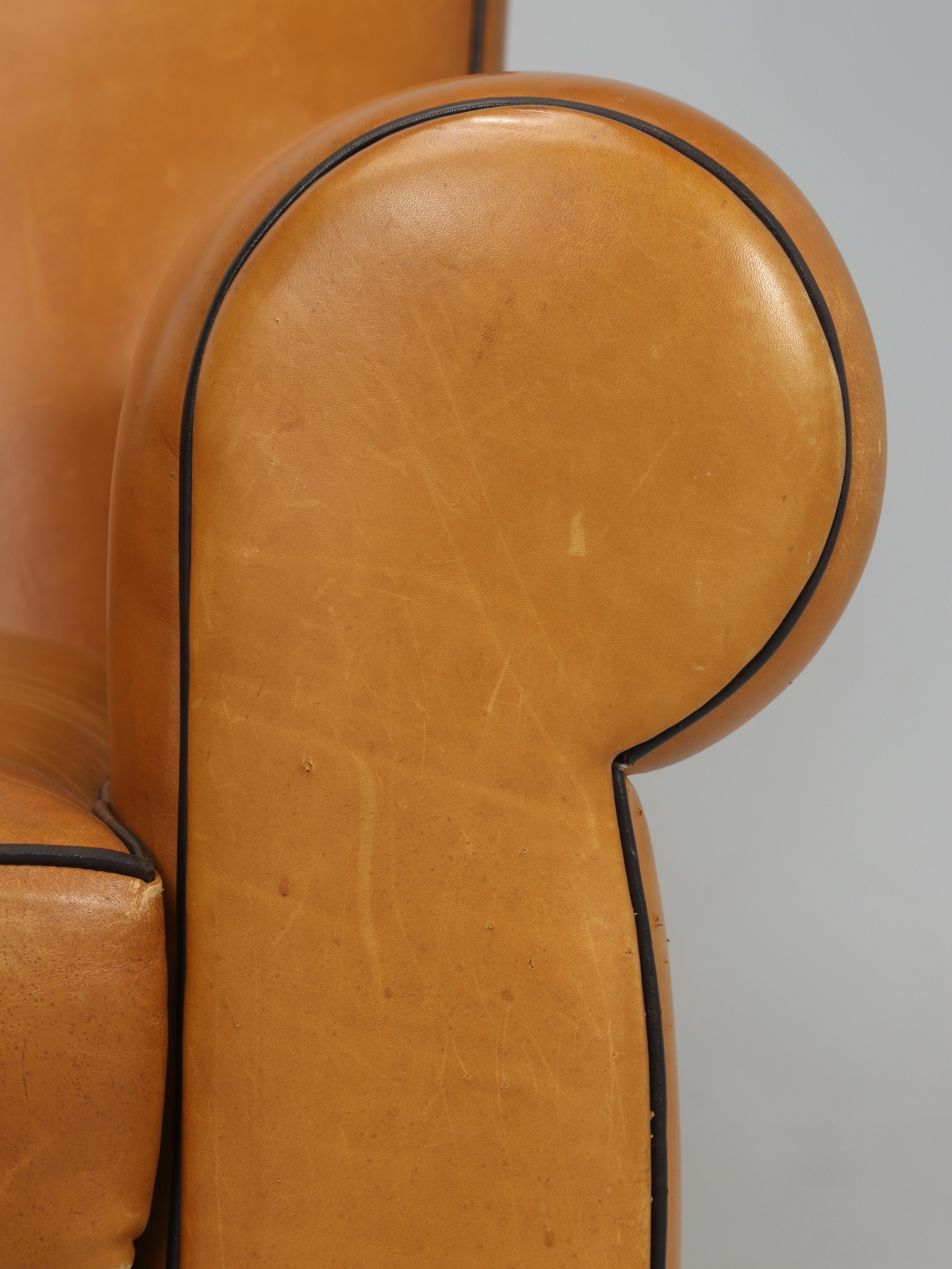 French Leather Club Chairs with Ottomans Restored Internally, Original Leather 3