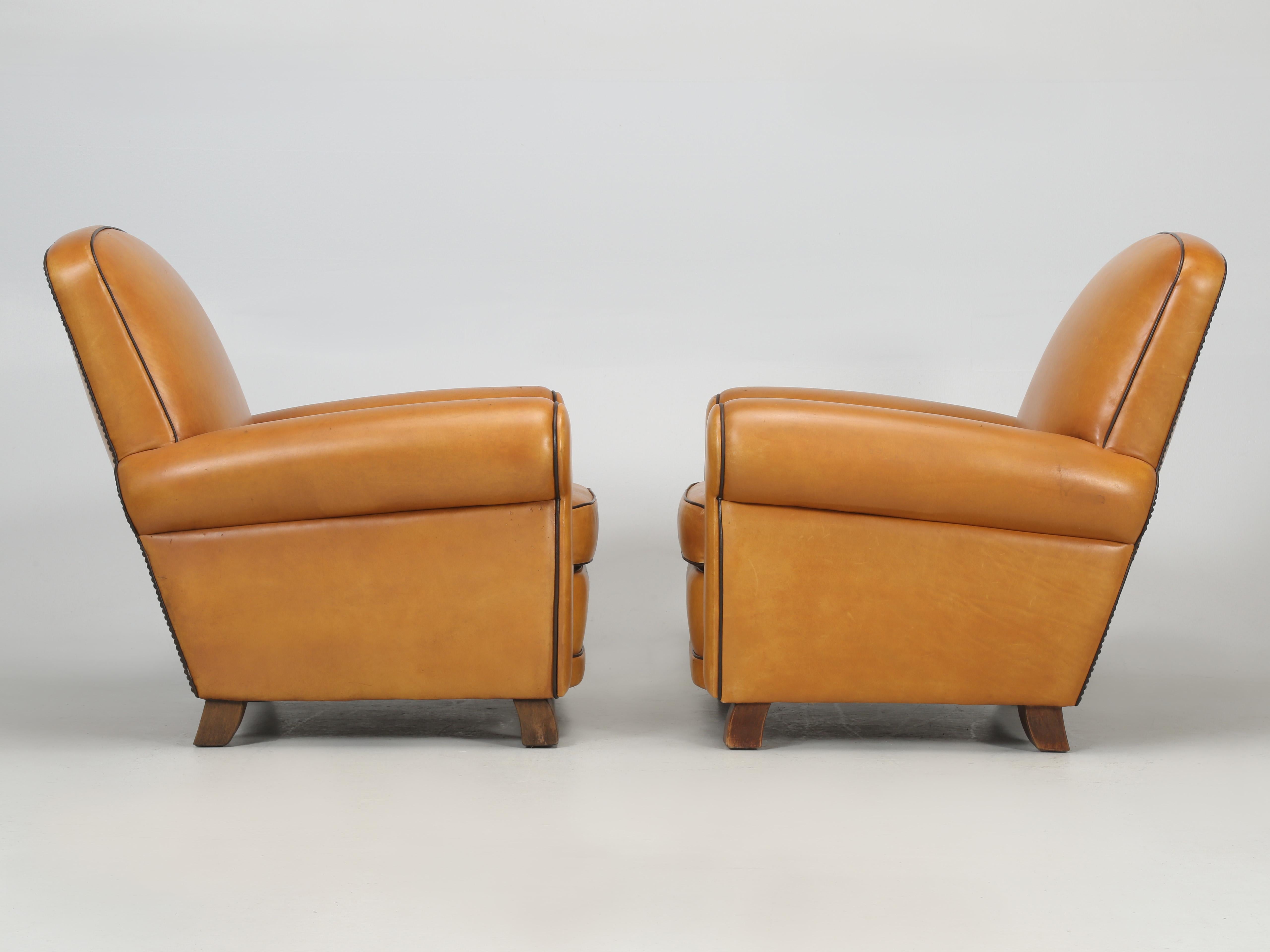 French Leather Club Chairs with Ottomans Restored Internally, Original Leather 6