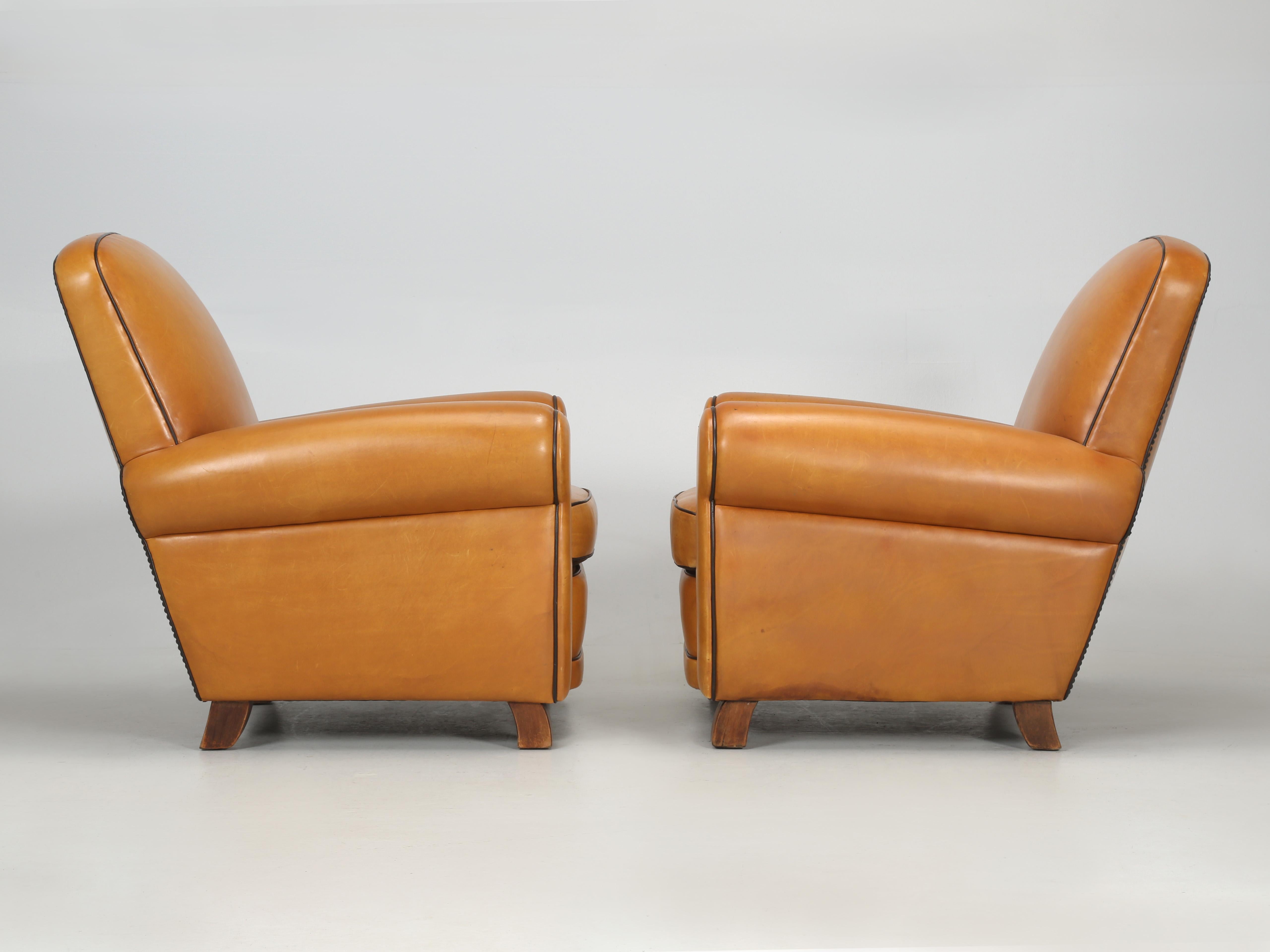 French Leather Club Chairs with Ottomans Restored Internally, Original Leather 7